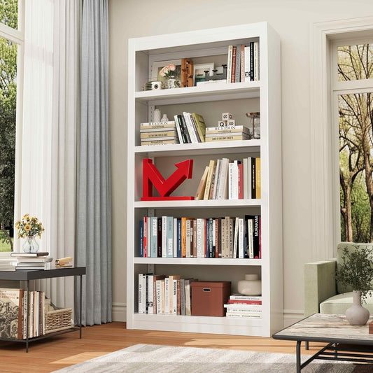 White Bookshelf, Adjustable 5 Tier Bookshelf, 69" H Modern Tall Bookcase, Metal Industrial Bookshelves and Bookcases for Living Rooms, Home Offices, Library, 10 Minutes Assemble