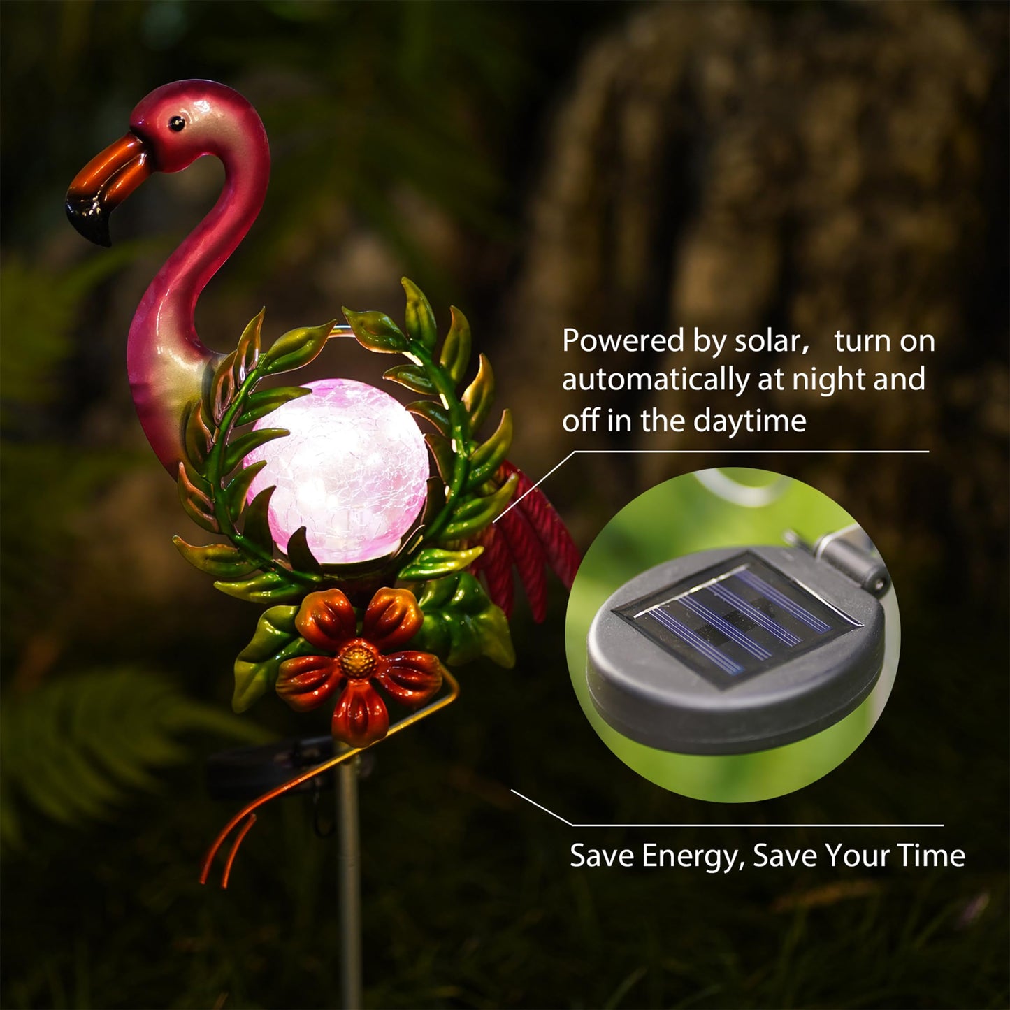 Voumsil Solar Garden Light for Garden Decoration, 40.9 Inch Flamingo Solar Stake with Cracked Glass Puck Light for Outside Patio Pathway Yard Decoration(Flamingo)