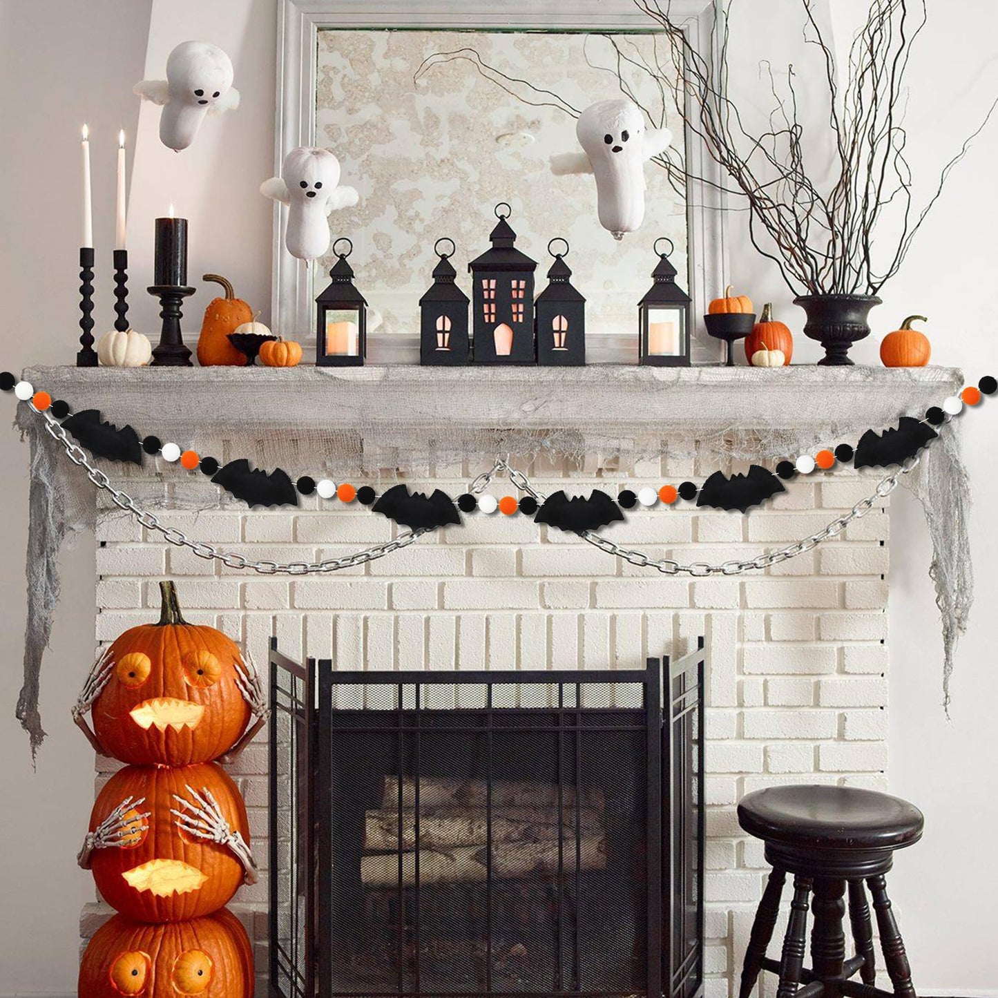 6.6Ft Halloween Felt Bats Banner Pre-Assembled 3D Bat Felt Hanging Garland Pompom Ball Bunting Banner Black White Orange Halloween Decor for Haunted Houses Doorways Home Mantel Decoration