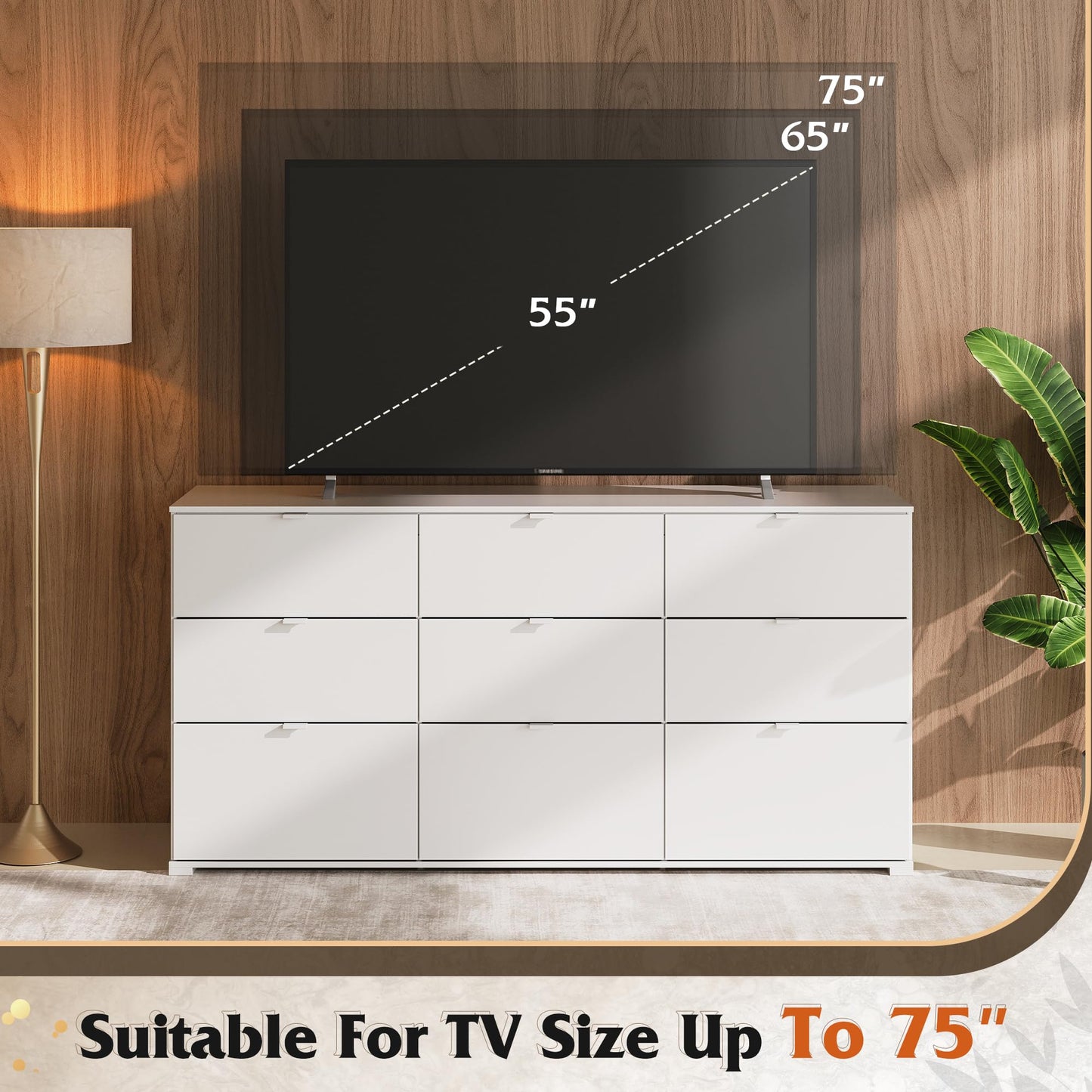 WLIVE 9 White Drawer Dressers, Modern Large Wood Dresser Chest for Bedroom Organize with Sturdy Metal Handle, TV Stand for 75 inch TV, Living Room Office, Hallway, Ball Bearing Slide (63" W)