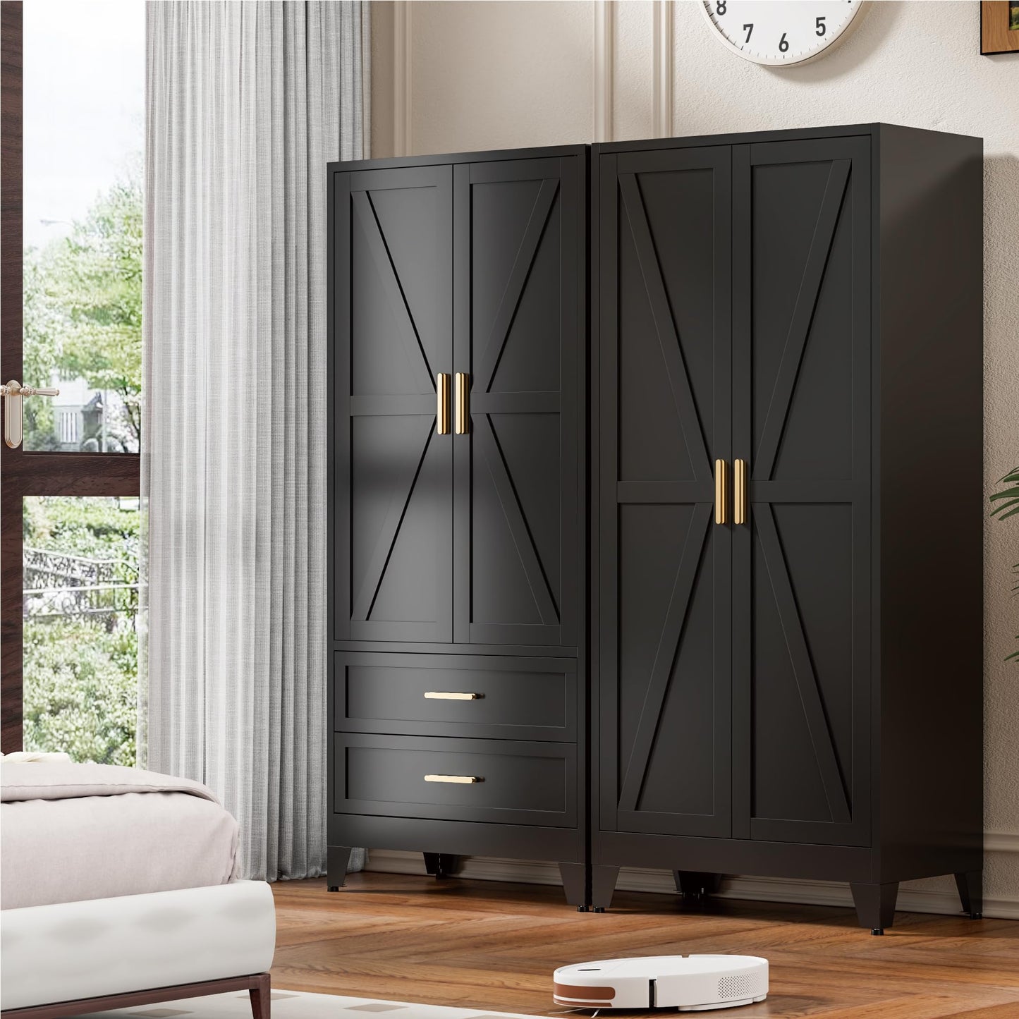 Washsemba 71'' Farmhouse Metal Wardrobe Cabinet with Hanging Rod, 2 Barn Door Wardrobe Closet with Adjustable Shelves,2 Drawer,for Dining Room,Bedroom,Living Room, Cloak Room,Office (Black)