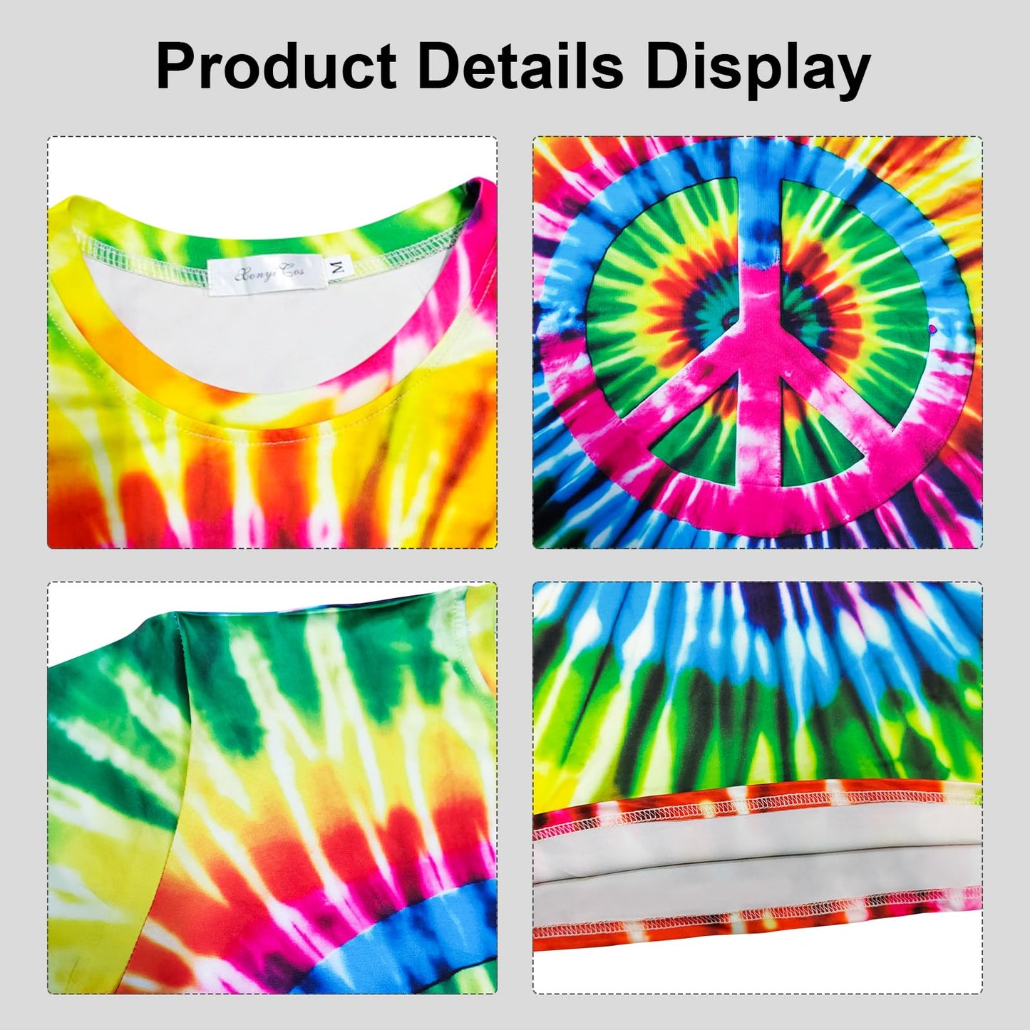 XonyiCos Hippie Costume for Men Women 60s and 70s colorful T-shirt sunglasses headband Peace necklace 4-piece theme party (Peace colorful 4-piece Set, X-Large)