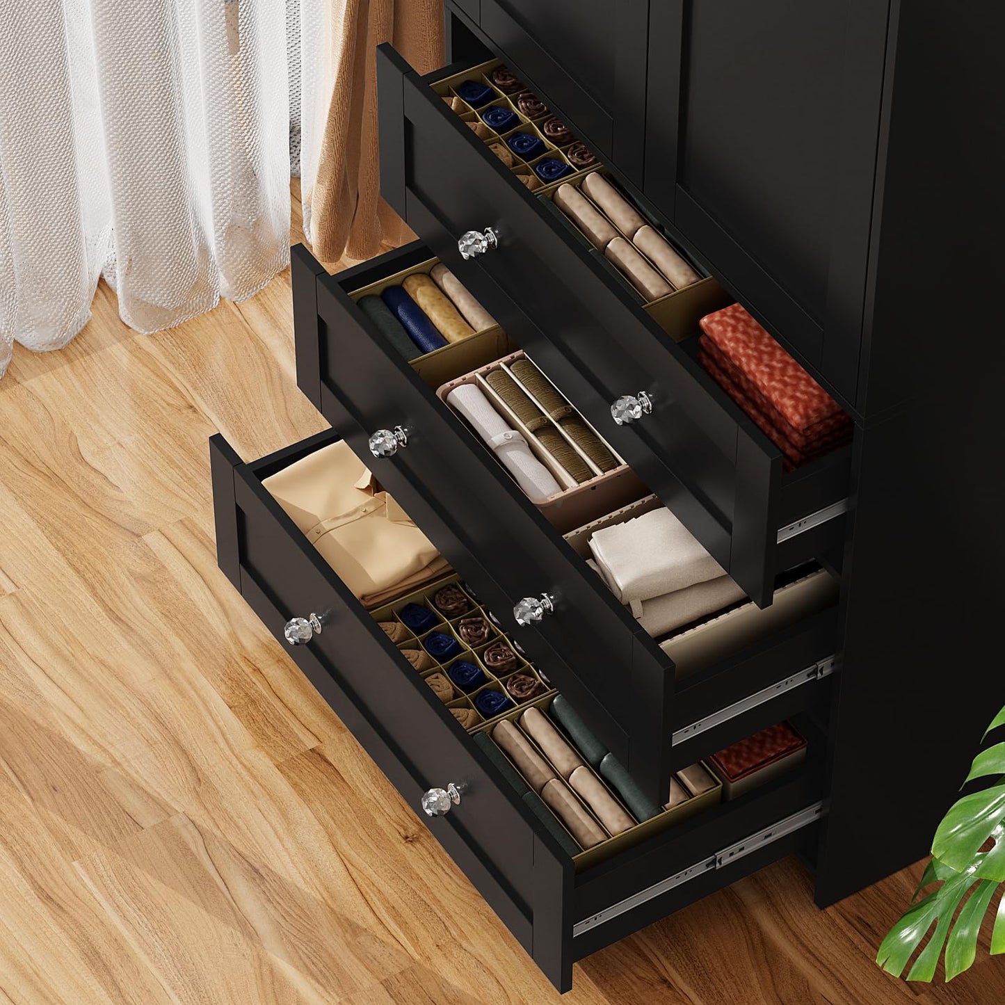 VOWNER Armoire Wardrobe Closet with Drawers and Mirror, 71" Clothing Storage Cabinet with Hanging Rod, 2 Doors Wooden Wardrobe Cabinet for Bedroom, Large Capacity Storage,Black