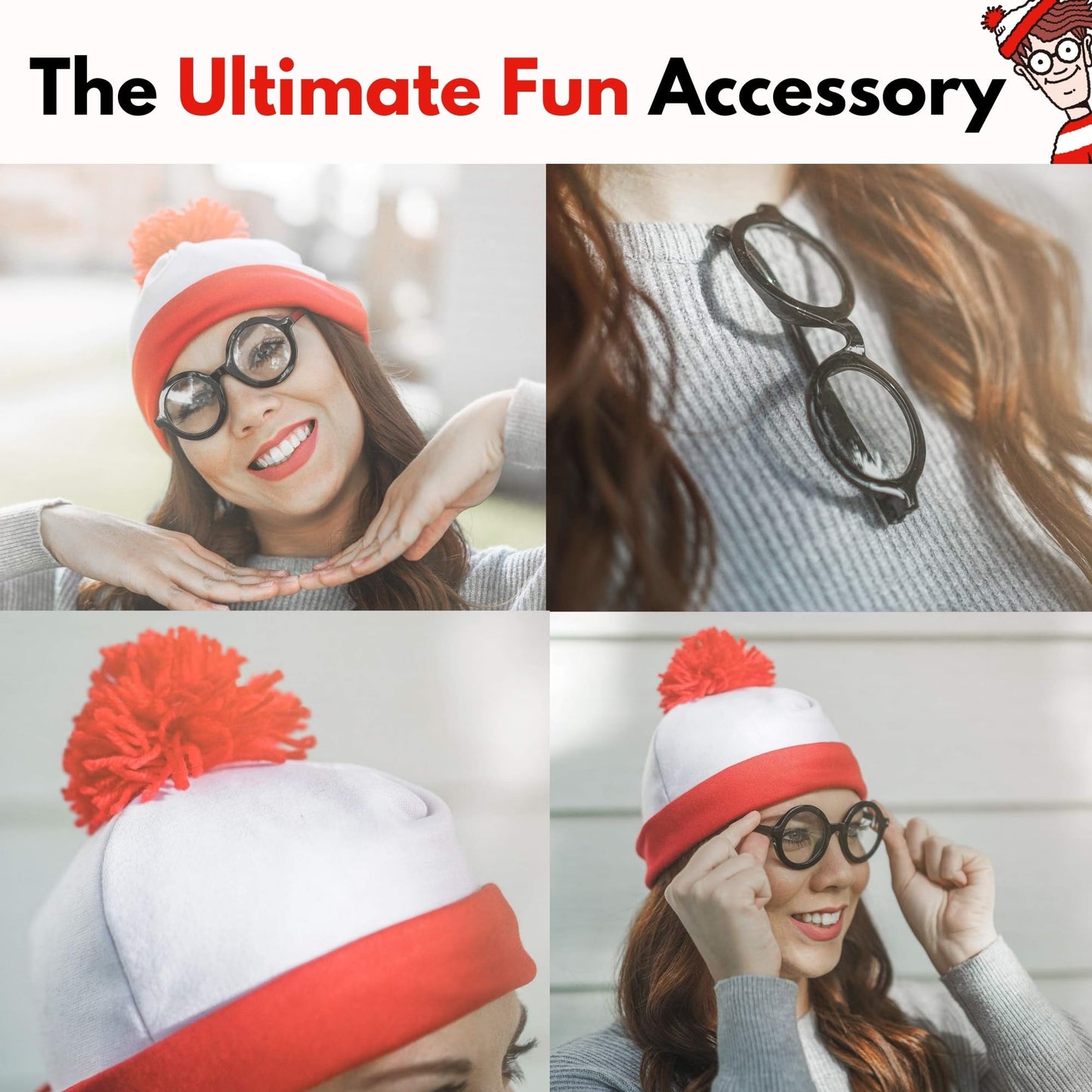 Wheres Waldo Costume Round Glasses for Men & Women - Fake Nerd Glasses Novelty Costume - Black Circle Cosplay Round Eyeglasses Disguise for Harry Potter, Minion, Scientist Character Outfit Accessory