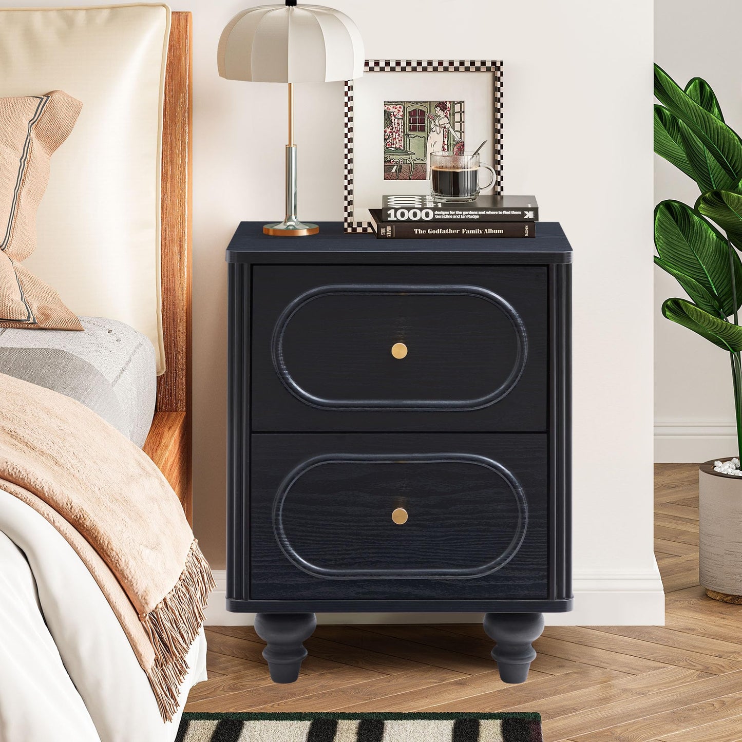 2 Drawer Fluted Nightstand Set of 2, Mid Century Modern Farmhouse Night Stand Small End Table Bedside Table for Bedroom, Living Room, Black