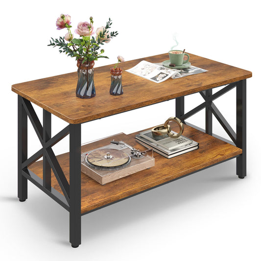 WLIVE Coffee Table for Living Room, 39" Modern 2-Tier Center Table with Round Corners, Storage Shelf, Farmhouse Style Small Coffee Table with Metal Frame, Rustic Brown