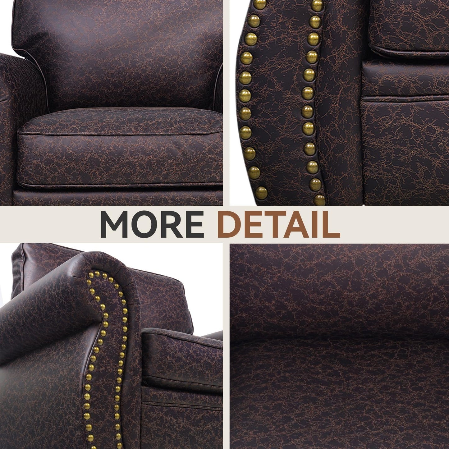 88’’ Rivet Couch,Living Room Sets,Mid-Century Couch, Solid Wooden Frame for Living Room,Upholstered Sofa (Brown, Single+3 Seater)