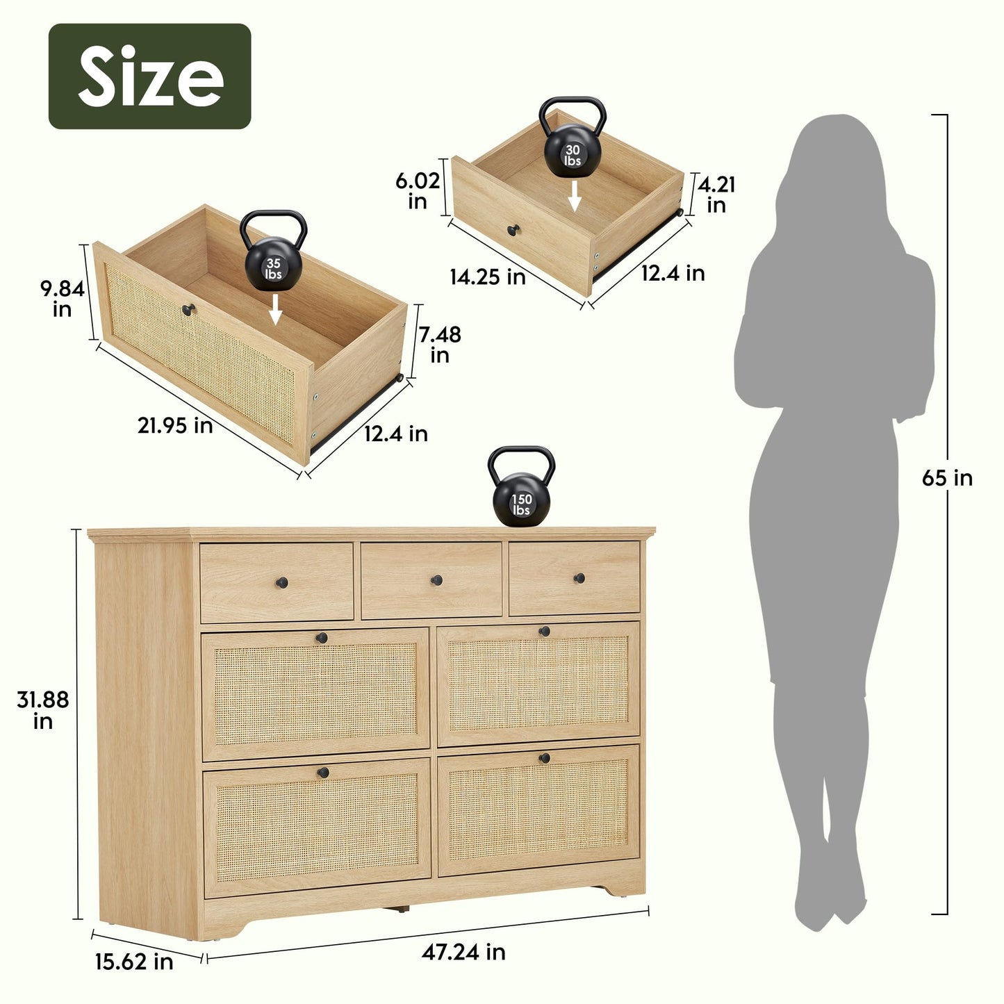 Yechen 7 Drawers Natural Rattan Dresser for Bedroom, Mid-Century Modern Natural Wood Dressers with Elegant Tabletop, Boho Chest of Drawers TV Stand with Sturdy Base for Living Room, Baby Nursery