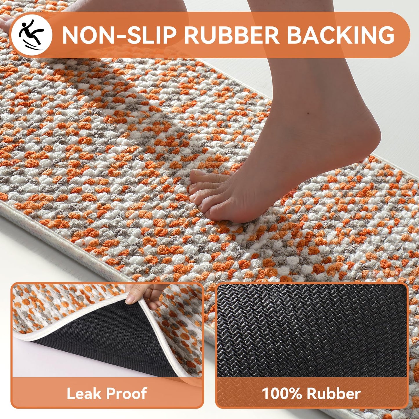 YDKGL Bathroom Rugs Non Slip Washable Bath Rugs Super Absorbent Chenille Bath mats for Bathroom Thin Bath Mats for Bathroom Mat Quick Dry Bath Mat Low Pile Bath Rug,Orange 20x32