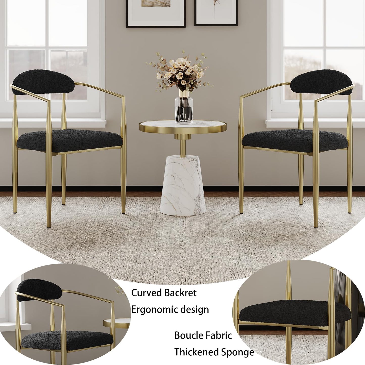 WOKER FURNITURE Modern Boucle Dining Room Chairs with Arms Set of 4,Mid-Century Accent Chair with Gold Leg, Armchairs for Kitchen,Living Room,Bedroom