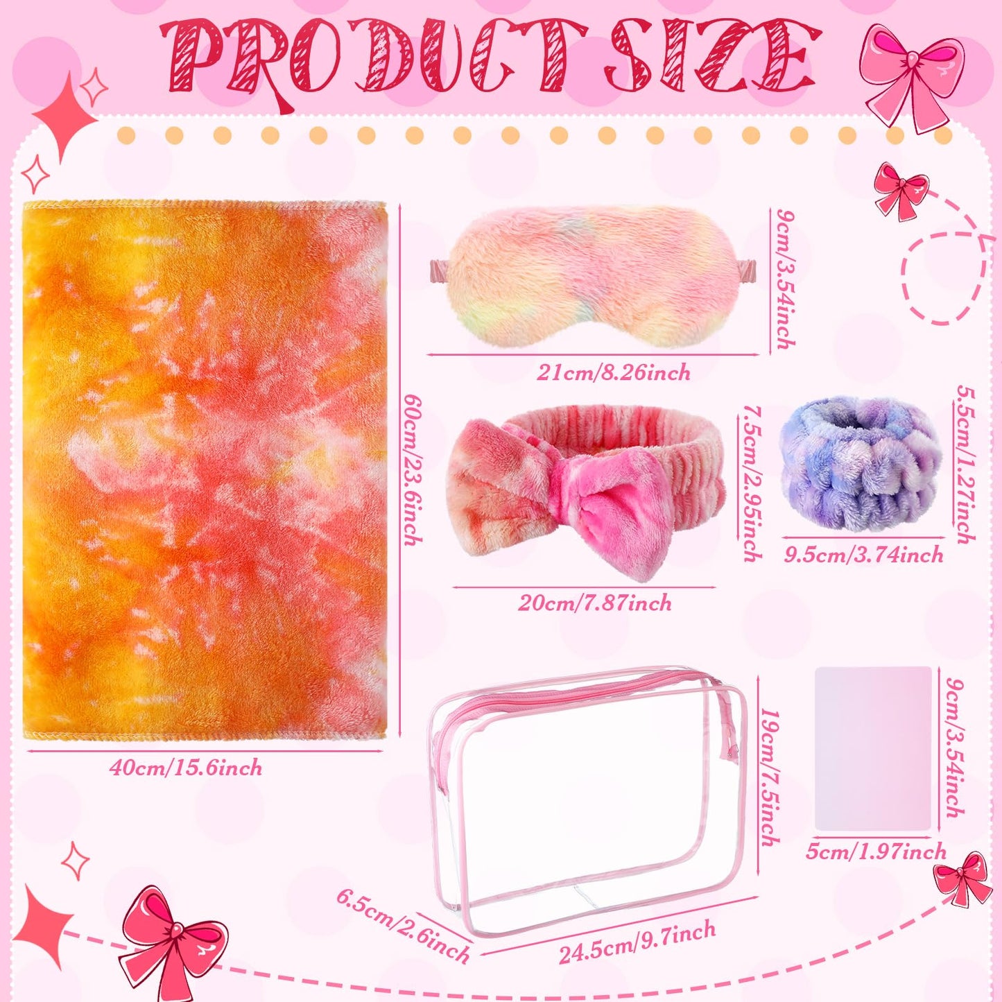 Wavwavw 48 Pcs Spa Party Favors Sleepover Party Supplies for Women Slumber Supplies Eye Mask Makeup Headband Hair Scrunchies Toiletry Bag Towels Greeting Cards Wristband(Multicolor,Tie Dye)
