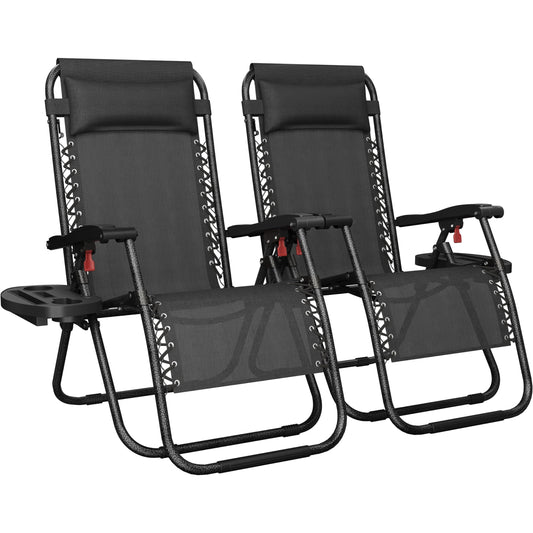 Yaheetech Zero Gravity Recliners Outdoor Adjustable Folding Reclining Lounge Chairs w/Pillows, Cup Holder Trays and Carry Strap for Patio Backyard Beach Black Set of 2
