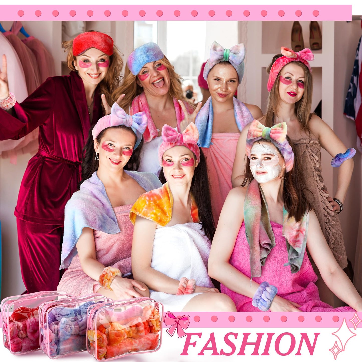 Wavwavw 48 Pcs Spa Party Favors Sleepover Party Supplies for Women Slumber Supplies Eye Mask Makeup Headband Hair Scrunchies Toiletry Bag Towels Greeting Cards Wristband(Multicolor,Tie Dye)