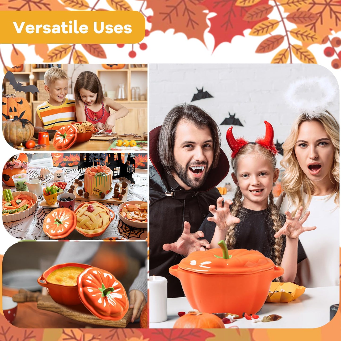 0.4-qt Pumpkin Ceramic Bowl, 6.5 x 4 Inch Small Baking Dish with Lid Oven & Stove Safe Up to 536°F, Serving Pumpkin Pot Dishes Pan for Cooking Storing Decorating, Halloween Dinner Table Kitchen Decor