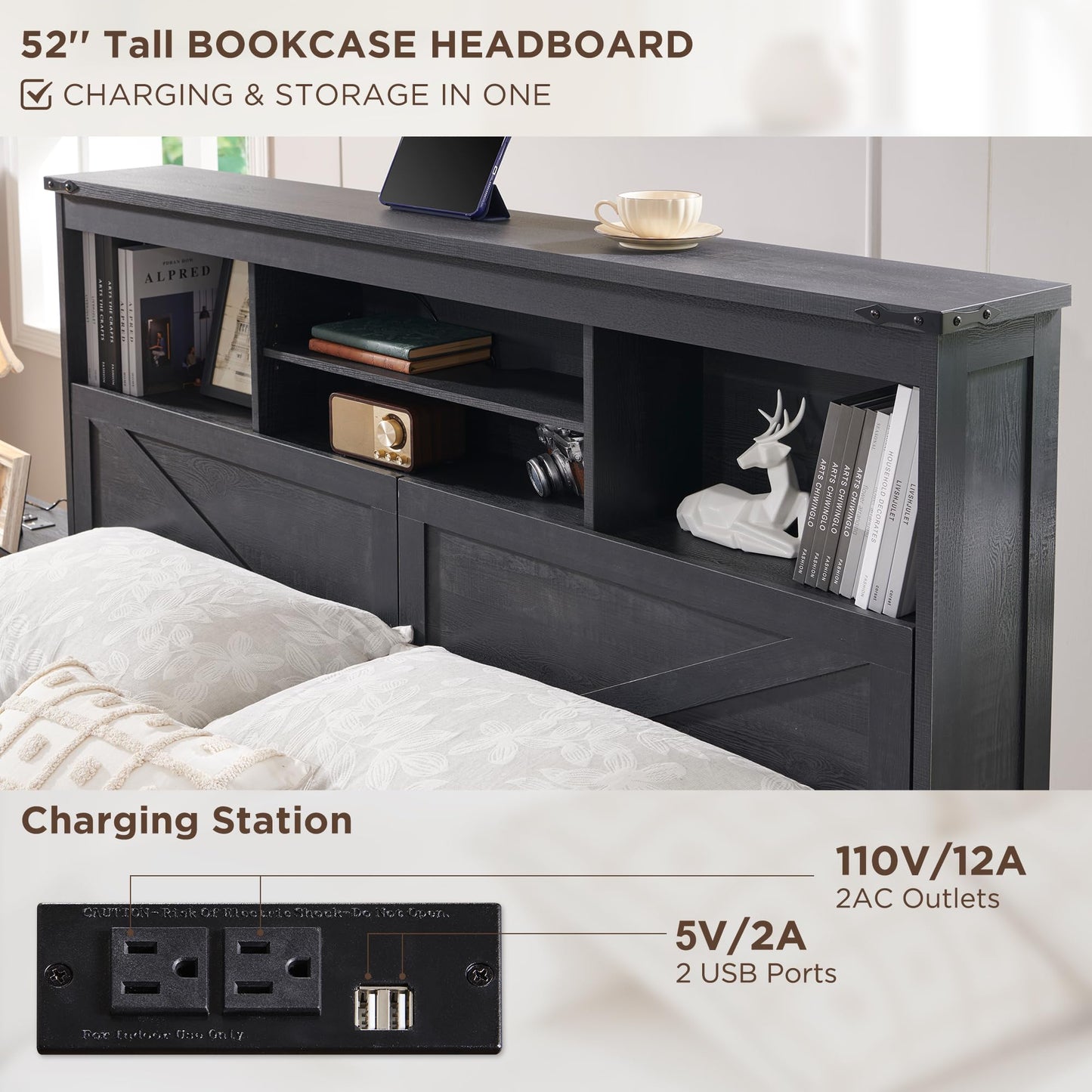ACCOHOHO King Bed Frame Farmhouse with 52" Storage Bookcase Headboard, 4 Drawers Wooden Bed Frame, LED Light, Charging Station - Black