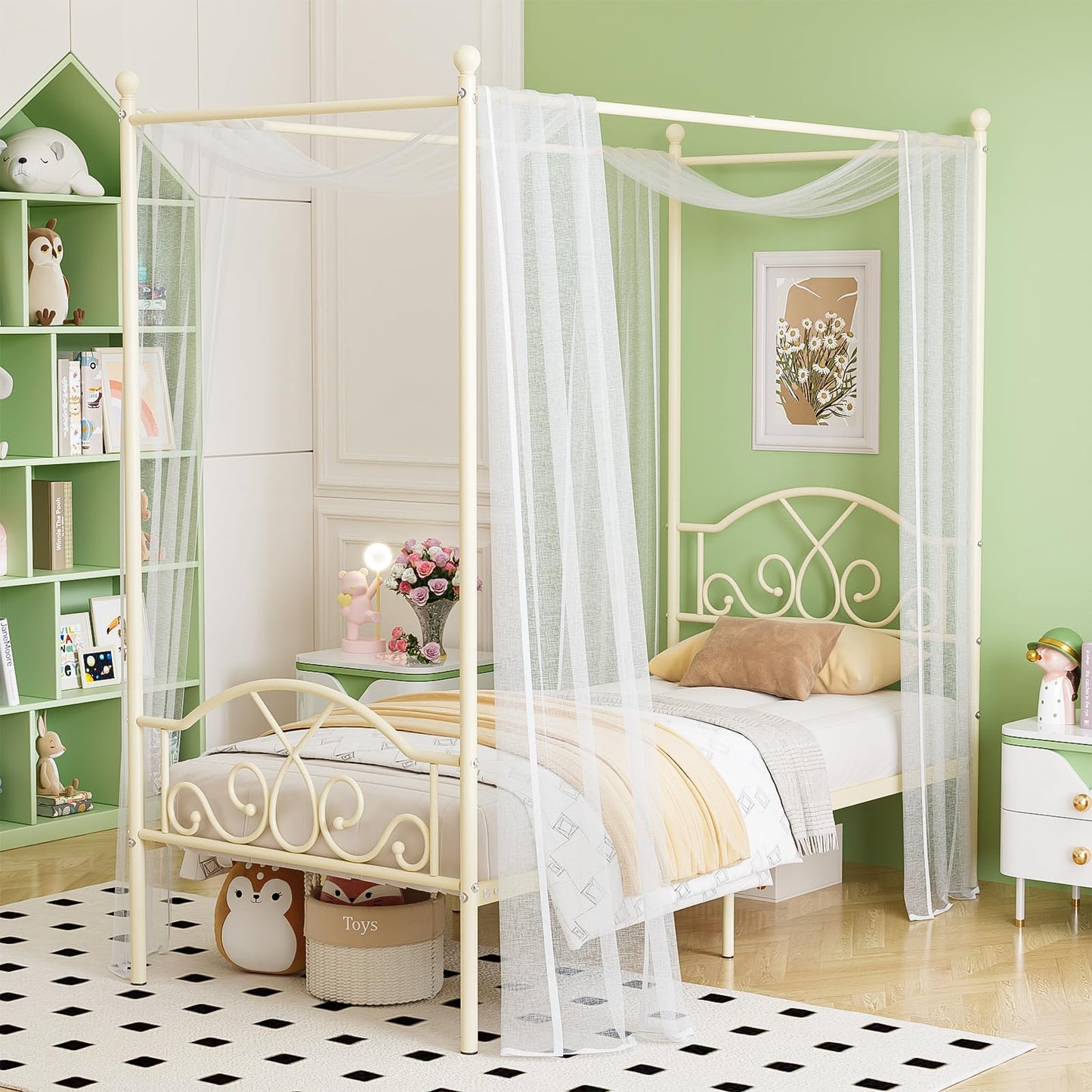 Weehom Princess Canopy Bed Frame with 4 Posters, Sturdy Metal Platform with Headboard&Footboard No Box Spring Needed Twin Size Bed for Kids Girls Adults,Beige White
