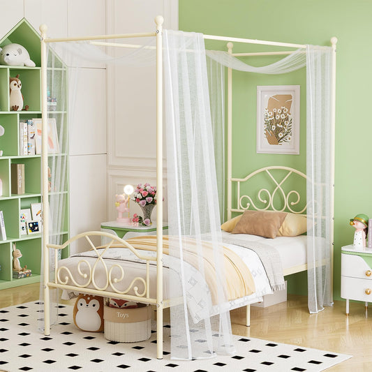 Weehom Princess Canopy Bed Frame with 4 Posters, Sturdy Metal Platform with Headboard&Footboard No Box Spring Needed Twin Size Bed for Kids Girls Adults,Beige White
