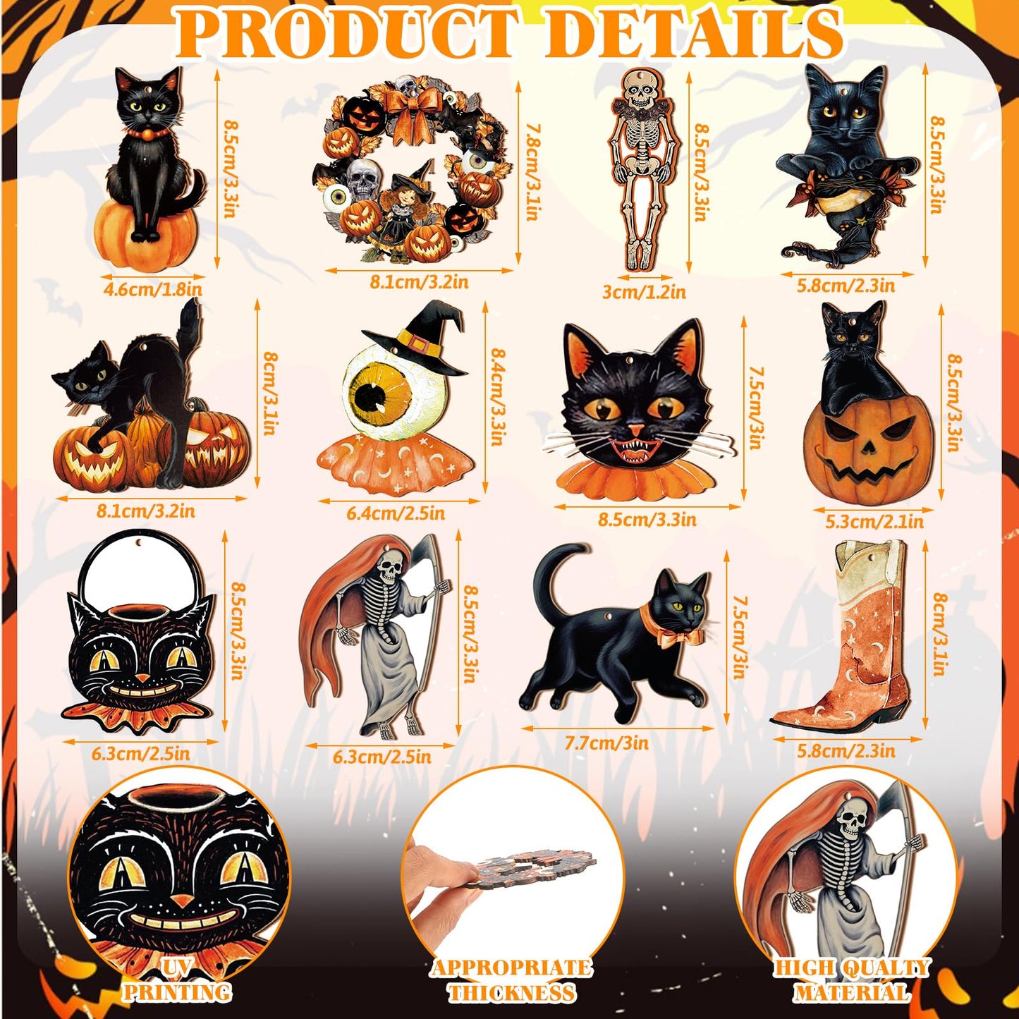 36 Pcs Halloween Ornaments with Ropes Halloween Wood Decor for Tree Pumpkin Skull Cat Wooden Decorations Hanging Ornaments Pendants for Home Party, 12 Styles
