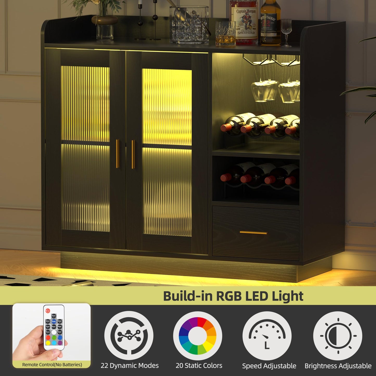 Wine Bar Cabinet with LED Light, Floating Coffee Cabinet with Wine and Glass Rack, Kitchen Buffet Sideboard with Glass Doors and Drawer, Modern Liquor Cabinet for Home, Kitchen, Living Room, Black