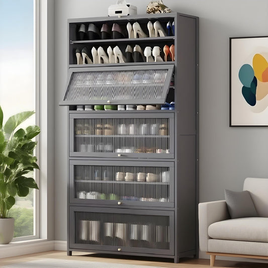 Voclym Tall Shoe Cabinet with Clear Doors, Large Capacity Bamboo Shoe Cabinet, 40-45 Pairs Shoe Rack Organizer for Closet Entrance, Hallway, Living Room, Bedroom