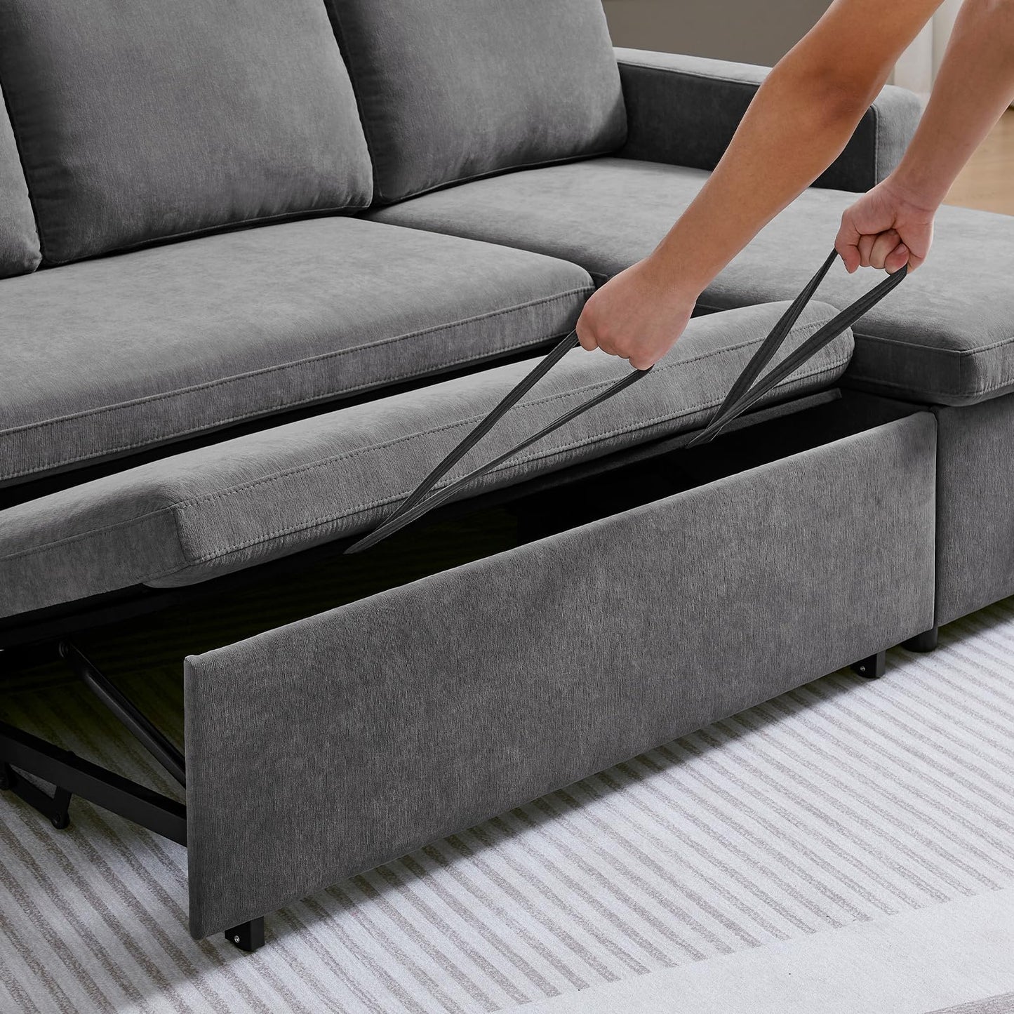 85’’ Sofa Bed, 2 in 1 Sleeper Sofa with Multiple Storage Spaces and Detachable Chenille Cover, Easy to Assemble, Comfy Futon Pull Out Couch for Living Room/Office/Apartment(Grey)
