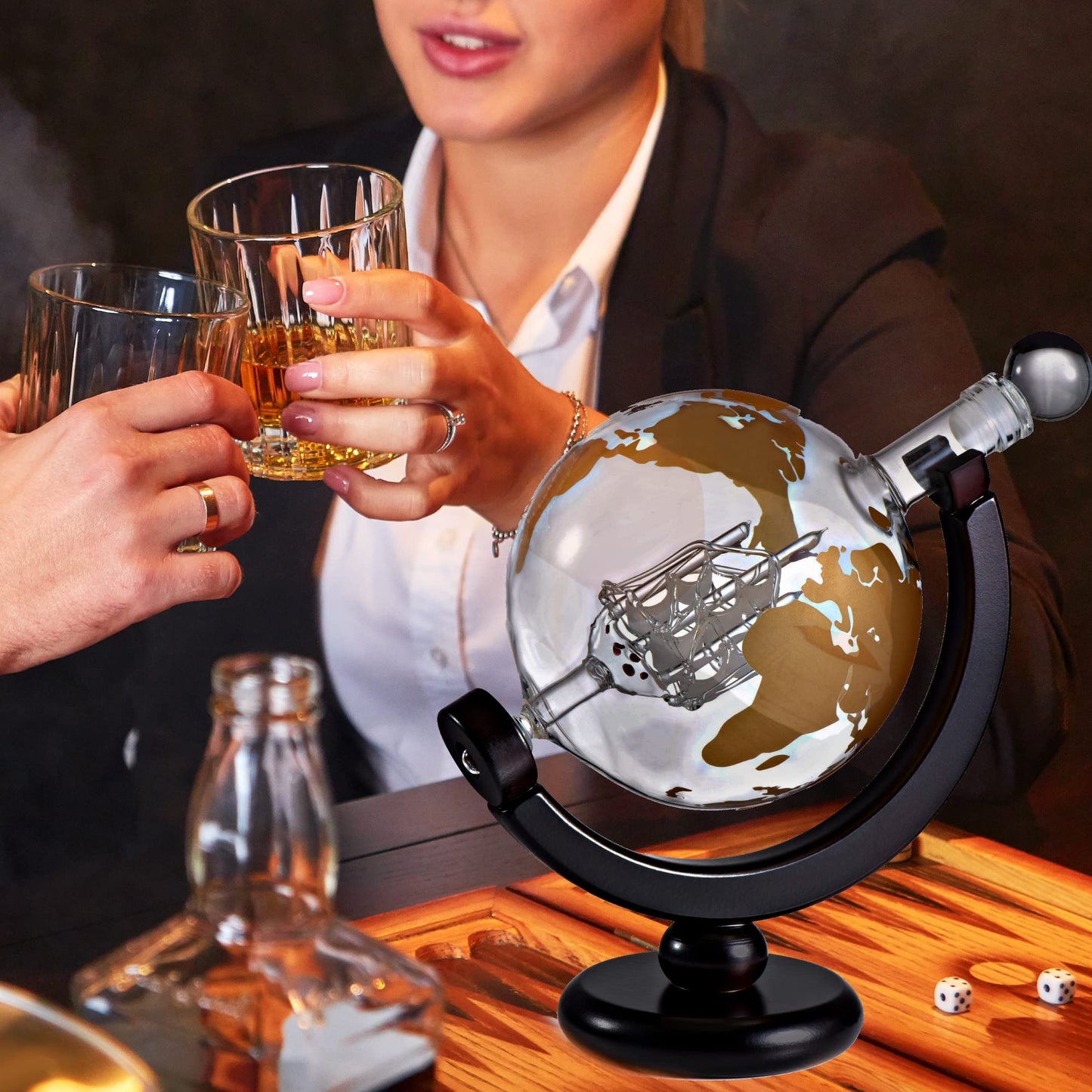Whiskey Decanter Globe Gift Set - Rich Base Tray - Gold Whiskey Dispenser Airtight Stopper for Wine, Bourbon, Brandy, Juice, Water - Decanter Sets For Men Christmas Gifts for Dad Boyfriend Husband Him