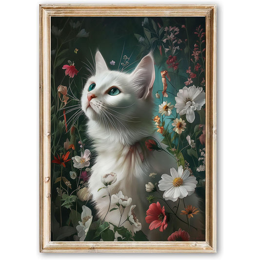 Abstract Floral Canvas Wall Art Colorful Flowers Pictures Gothic Cat Canvas Wall Art White Cat Art Print Gothic Animal Prints Wildflowers Poster Abstract Cat Wall Art Cute Cat Artwork 16x24in No Frame