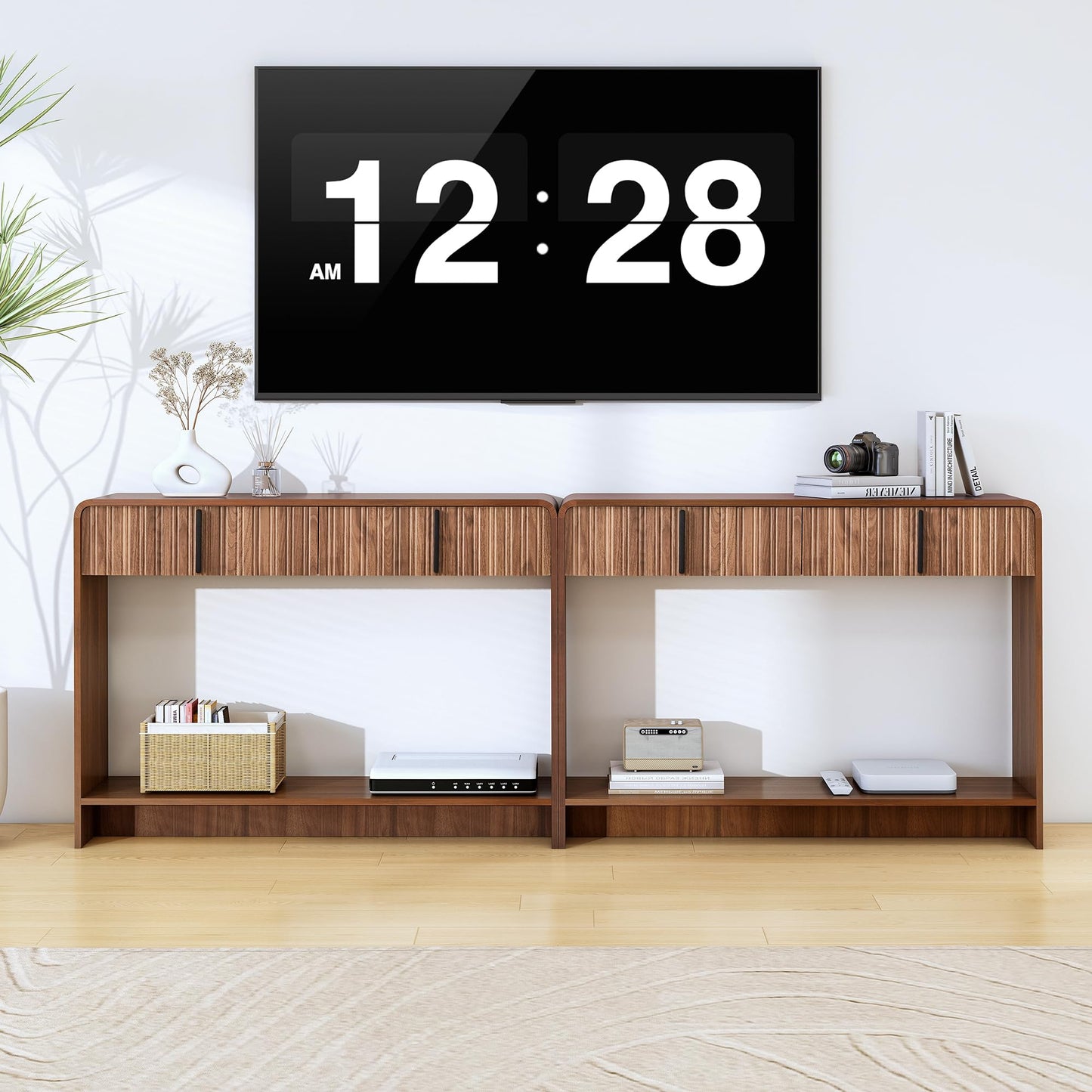 43.3" Narrow Console Table with 2 Drawer,Brown Fluted Entryway Table with Storage,Slim Long Sofa Table for Living Room,Hallway Entrance Foyer