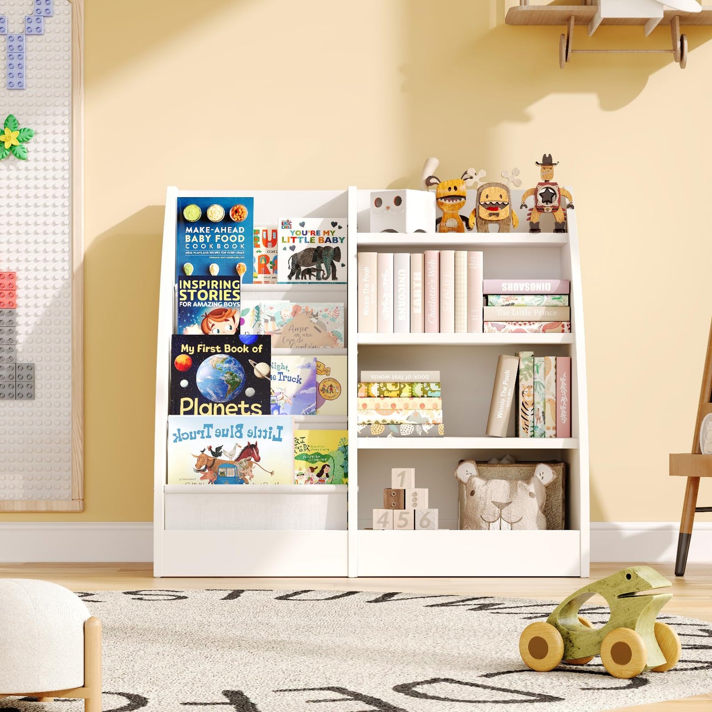 4 Tier Kids Bookshelf, 4 Layer Sling Kids Book Shelf for Kids Rooms,Wood Children Bookcase,Baby Storage Book Rack,Toddler Bookshelf, Book and Toy Organizer,Book Display Shelf for Bedroom, Nursery
