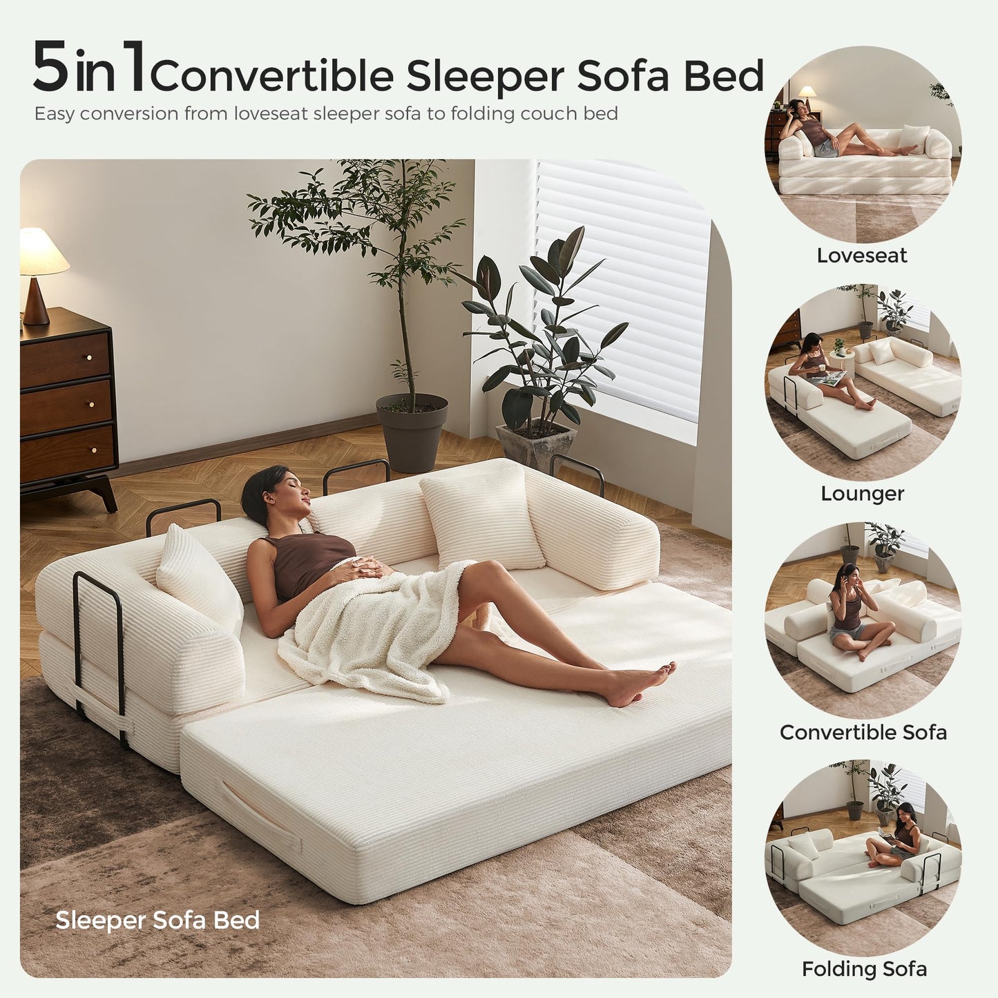 79" Convertible Sofa Bed with Fixed-Shape Frame & Removable Armrests, Modular Corduroy Sleeper Sofa, Folding Mattress Couch for Small Spaces - No Assembly Needed in White (Includes 2 Pillows)