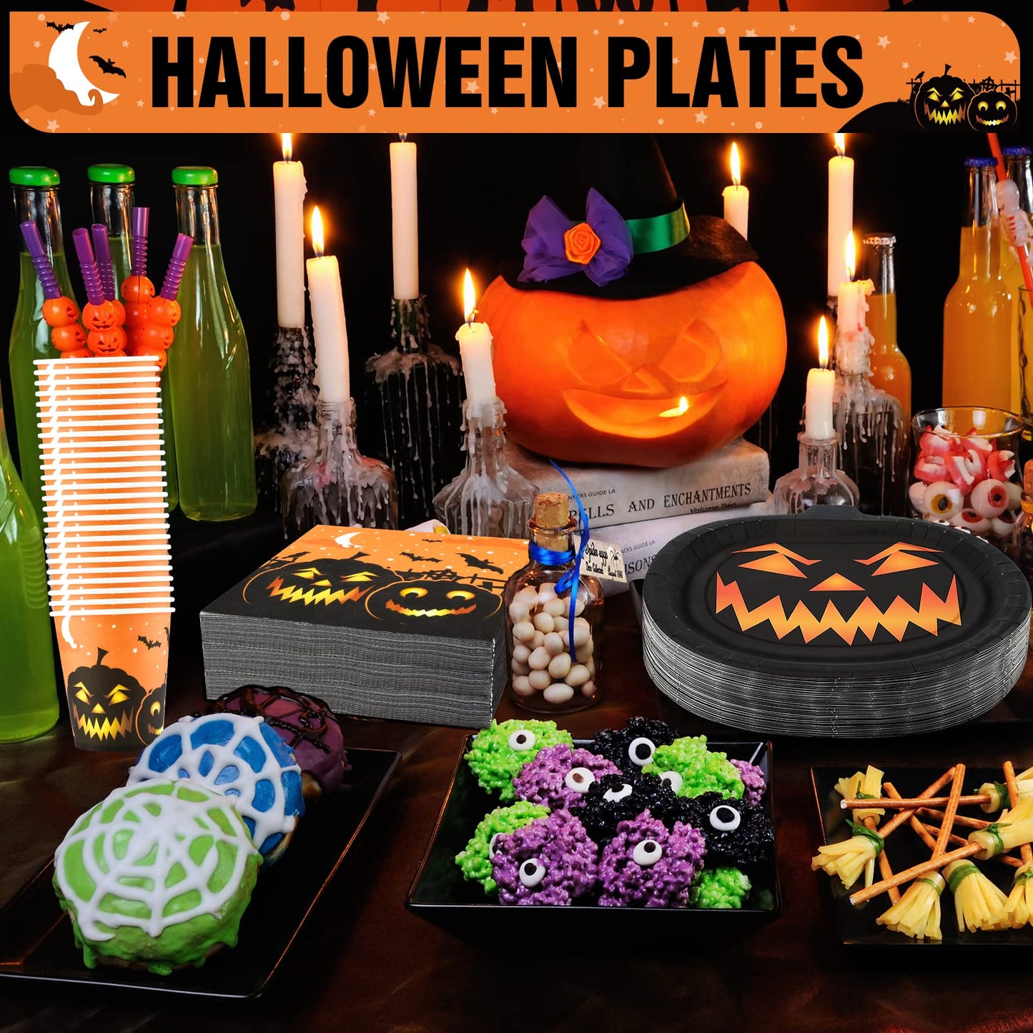150Pcs Halloween Plates and Napkins Cups Party Supplies Disposable Dinner Dessert Appetizer Cutlery Plates Dinnerware Sets Black Pumpkin Jack-o'-lanterns Orange Spooky Decorations