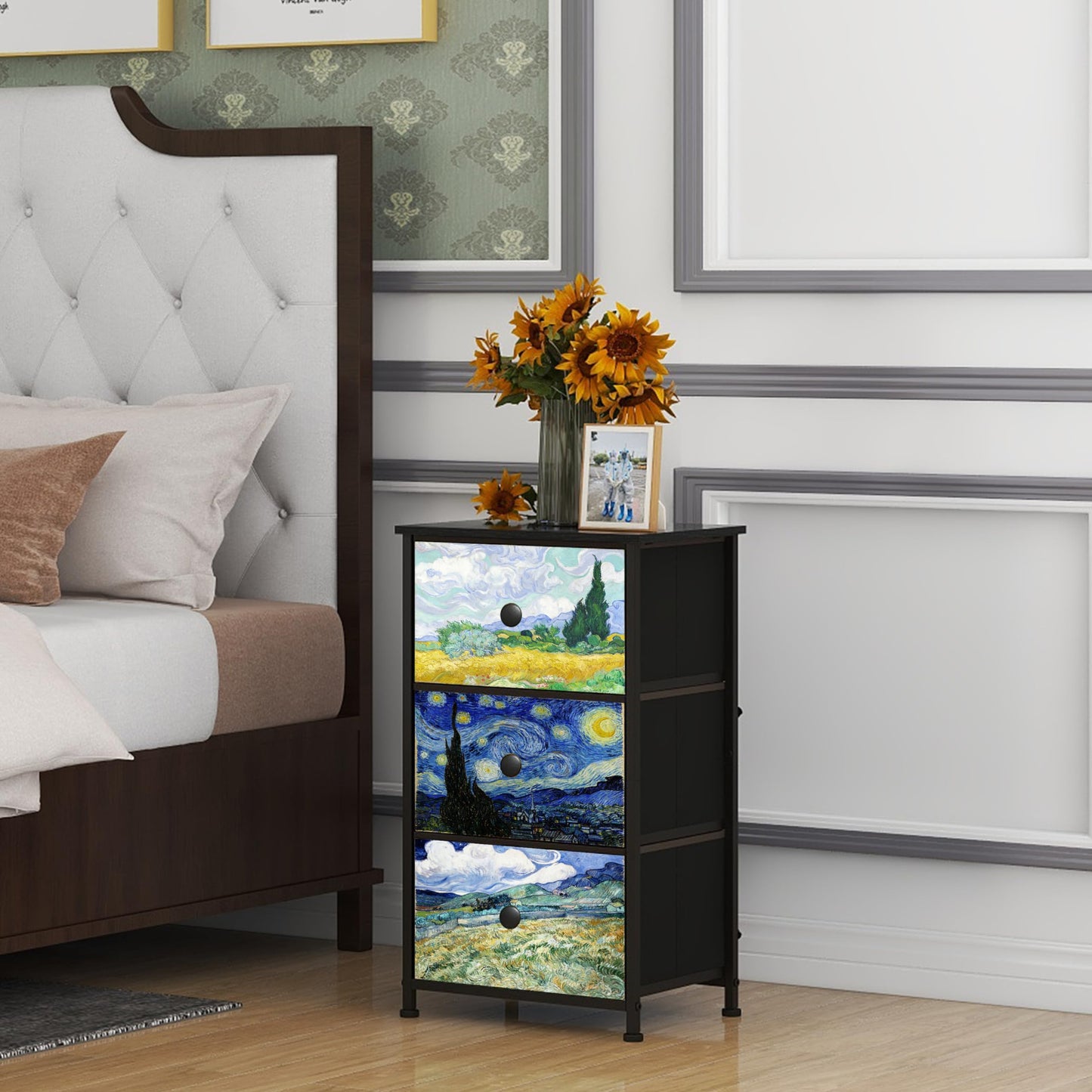 Welfuturer Dresser with 3 Drawers Van Gogh Drawer Dresser for Bedroom Narrow Nightstand Small Dressers & Chests of Drawers for Halfway Entryway Closets Living Room Sturdy Steel Frame Wood Top