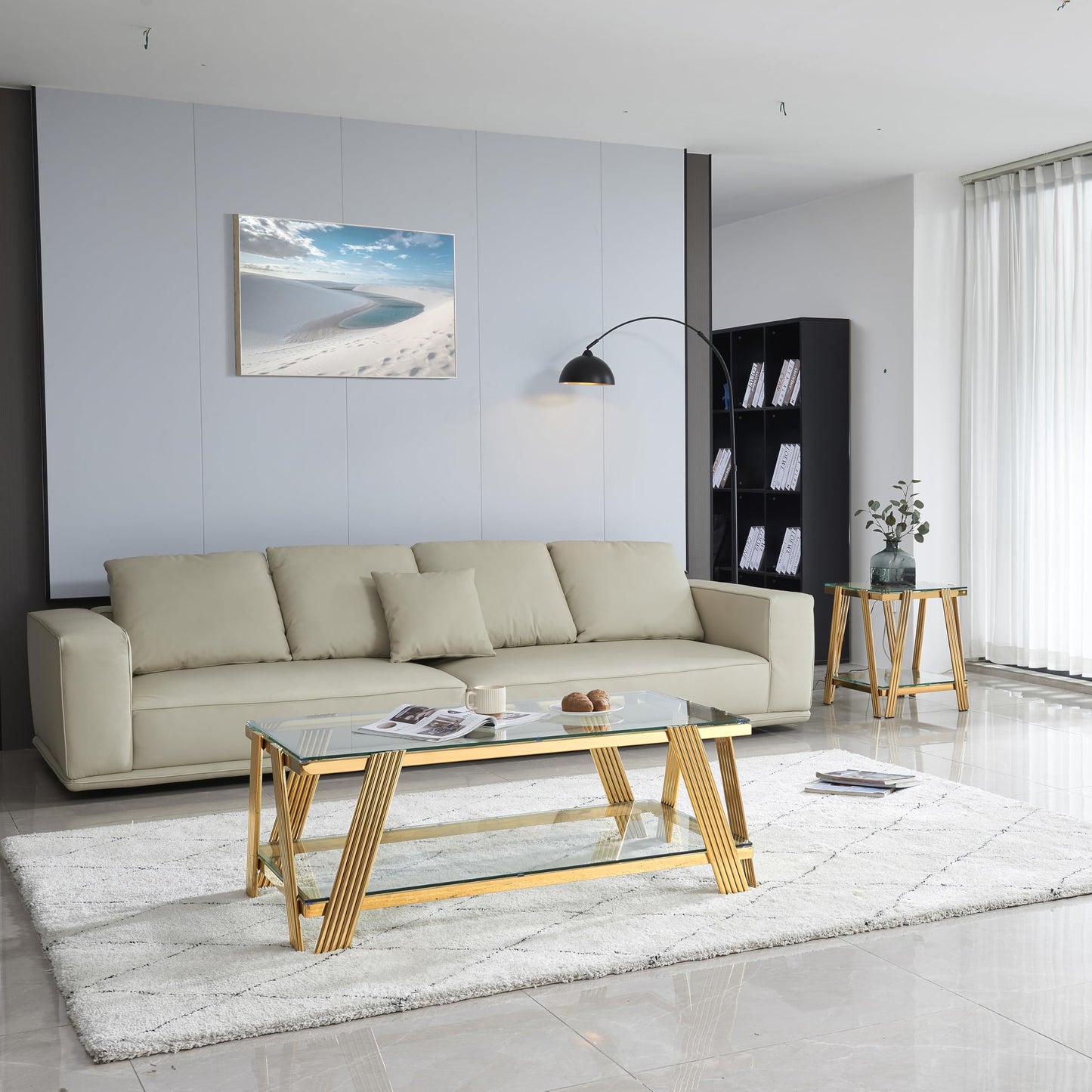 47" Modern Coffee Table, Double-Layer Clear Tempered Glass Table Top with Stainless Steel Frame, Center Table with Storage, for Living Room Home Office, Gold