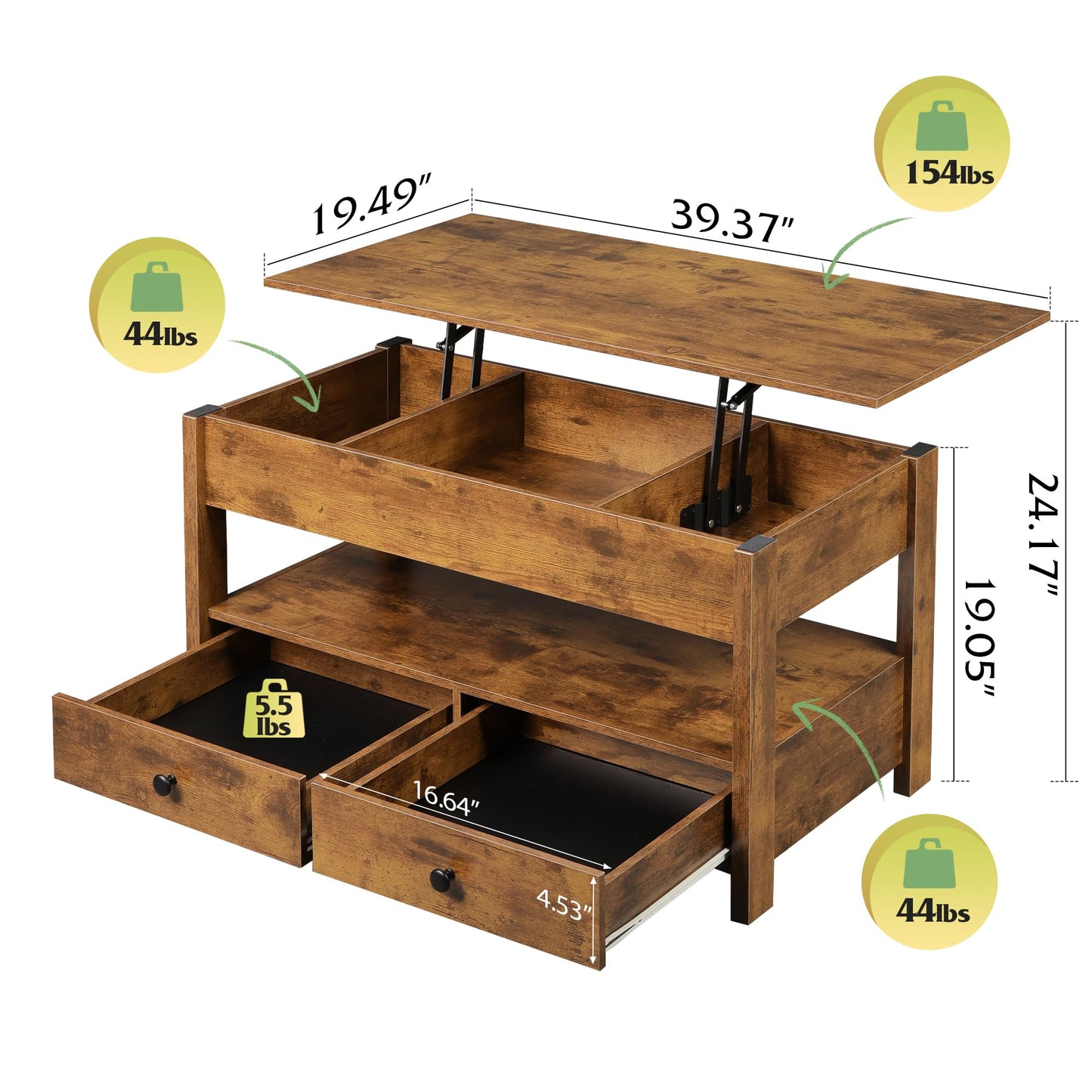 WLIVE Coffee Table, Lift Top Coffee Table with 2 Drawers, Large Hidden Hidden Compartment and Open Shelf, Lift Tabletop, Dining Table for Living Room, Rustic Brown