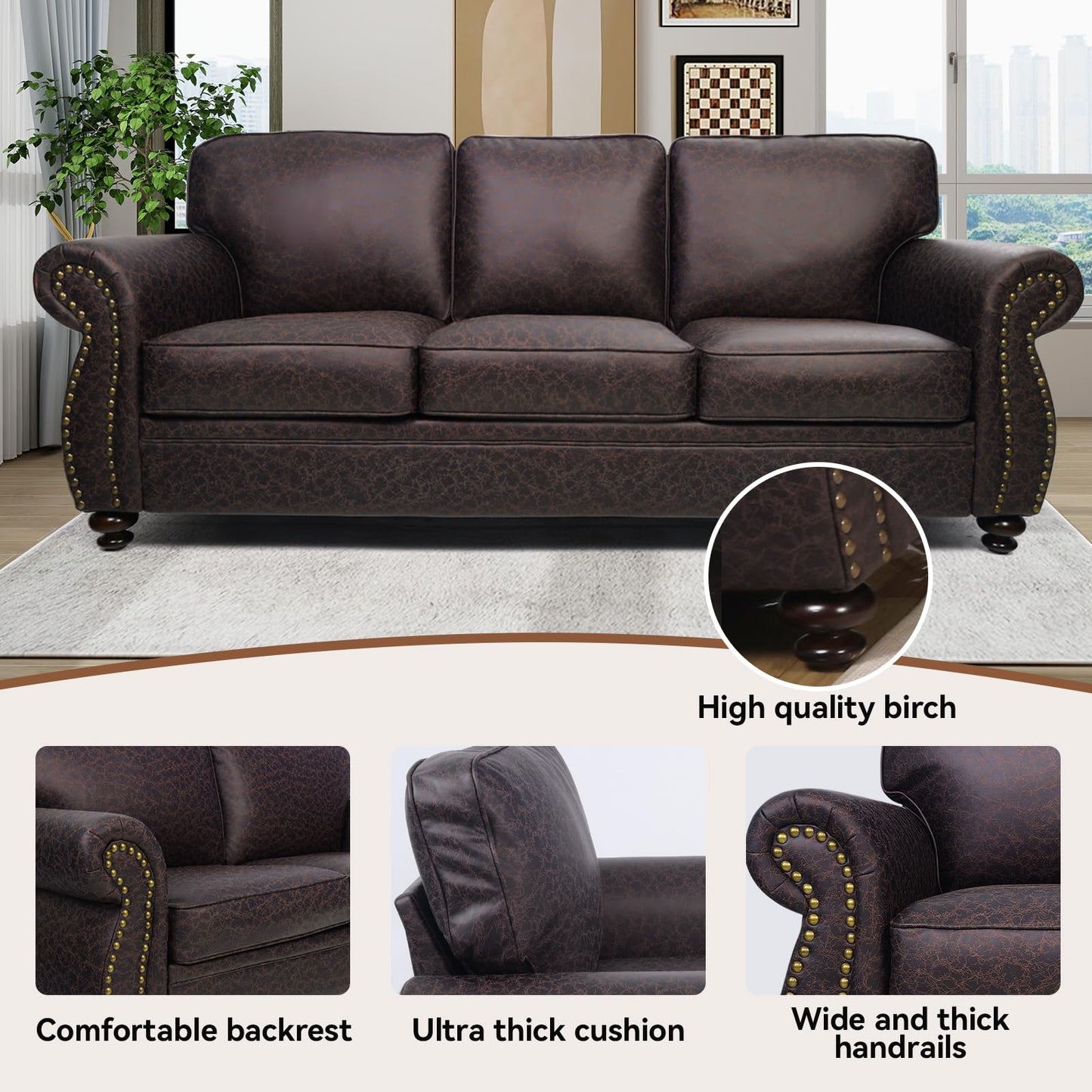 88’’ Rivet Couch,Living Room Sets,Mid-Century Couch, Solid Wooden Frame for Living Room,Upholstered Sofa (Brown, Single+3 Seater)