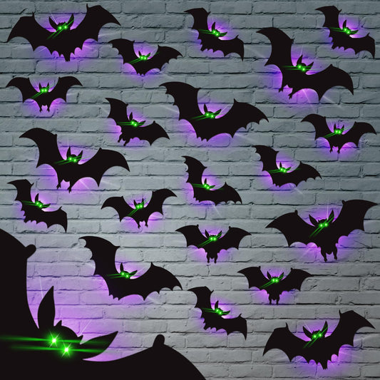 24 Pack Halloween Bats Decorations Wall Stickers with Glow in Dark Eye, 4 Different Style Removable PVC Wall Bats Sticker for Indoor Outdoor Home Window Garage Decor Party Supplies