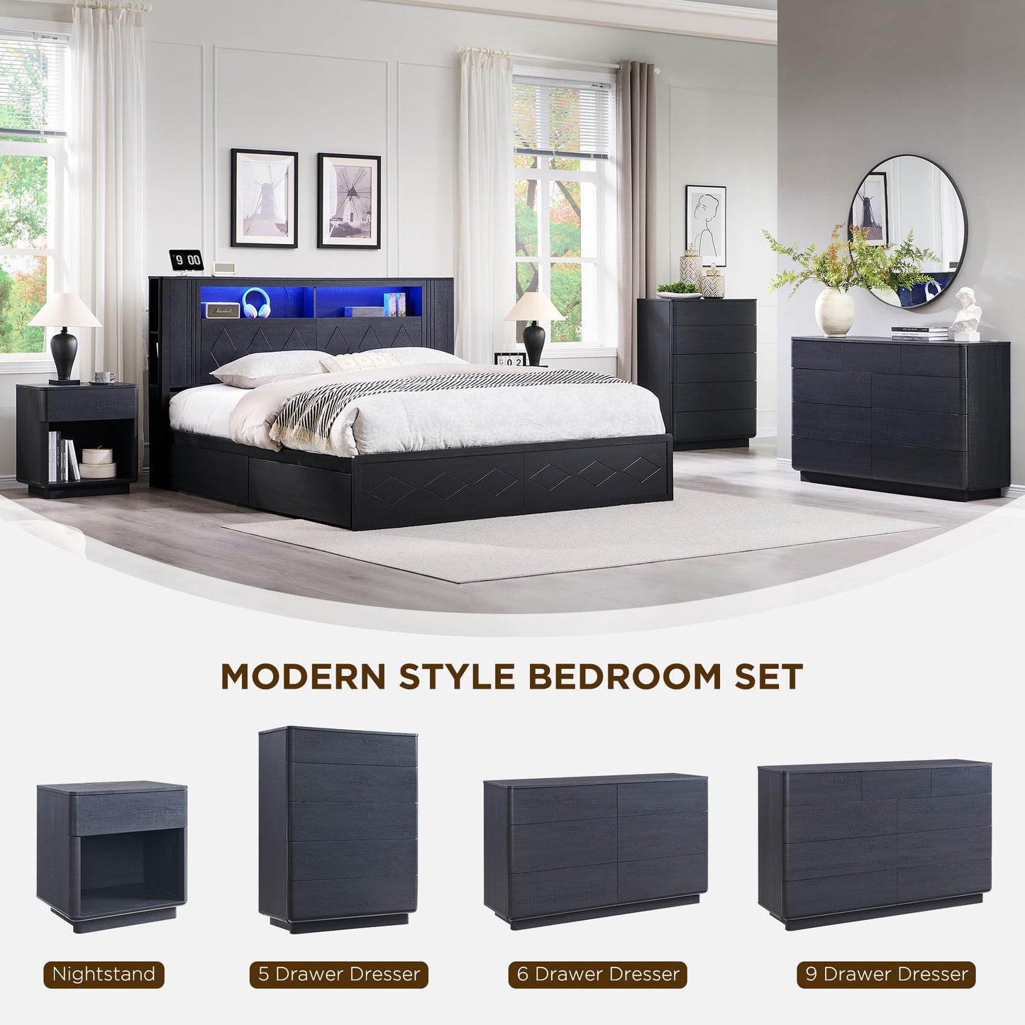 ACCOHOHO Modern 5 Drawer Dresser Chests for Bedroom, Farmhouse 42" Tall Chest of Drawers with Large Drawers, Natural Texture, Curved Angle for Room, Hallway and Entryway, Black