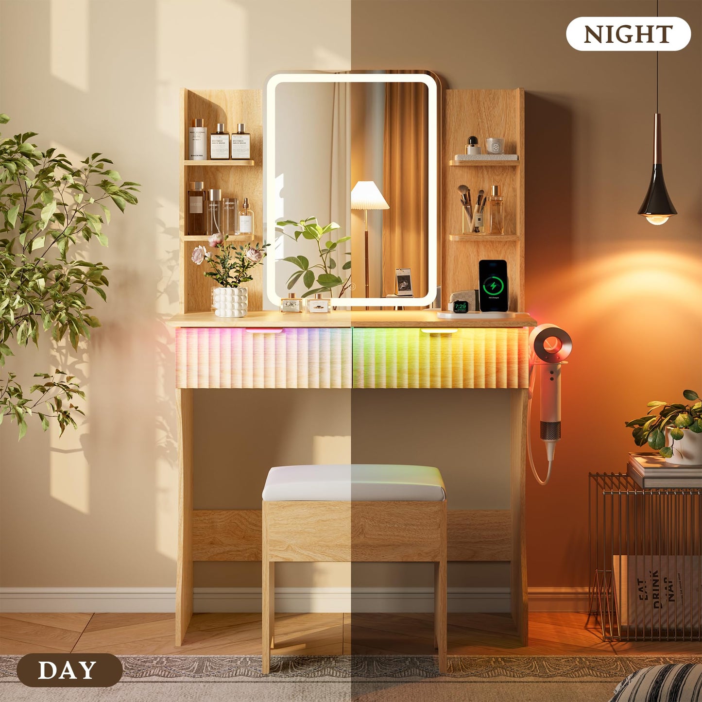 Wood Makeup Vanity Desk with Mirror and Lights, Fluted Vanity Table Set with Power Outlet, Dressing Table with 2 Drawer & 4 Storage Shelves, Adjustable RGB Lighting, Includes Chair for Girl’s Bedroom