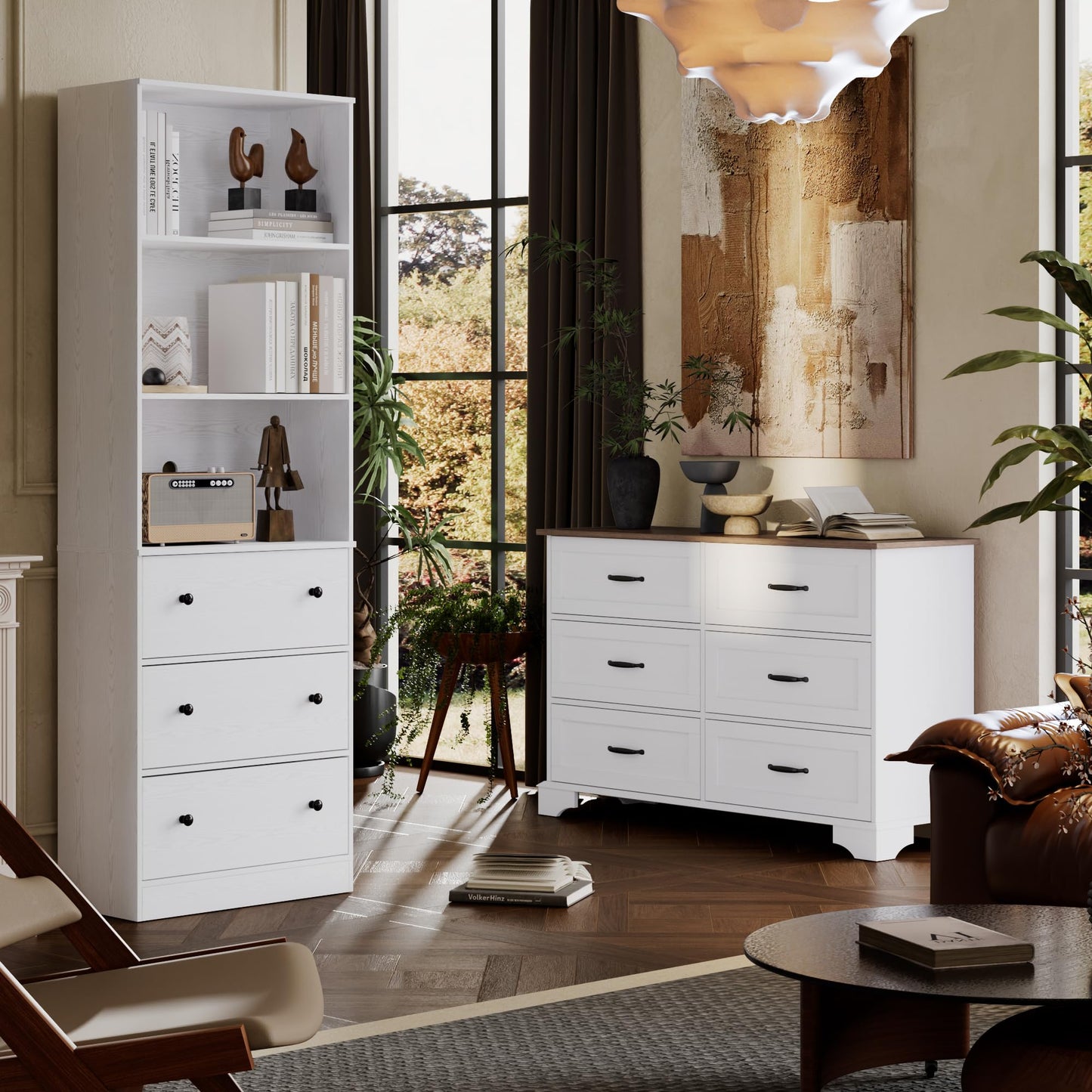 White Bookshelf with Storage, 71" Tall Bookcase with Drawers, Wooden Bookshelf Display Cabinet with 3 Drawers and 3-Tier Shelves, Home Decor Furniture for Living Room, Bedroom, Kitchen, Home Office