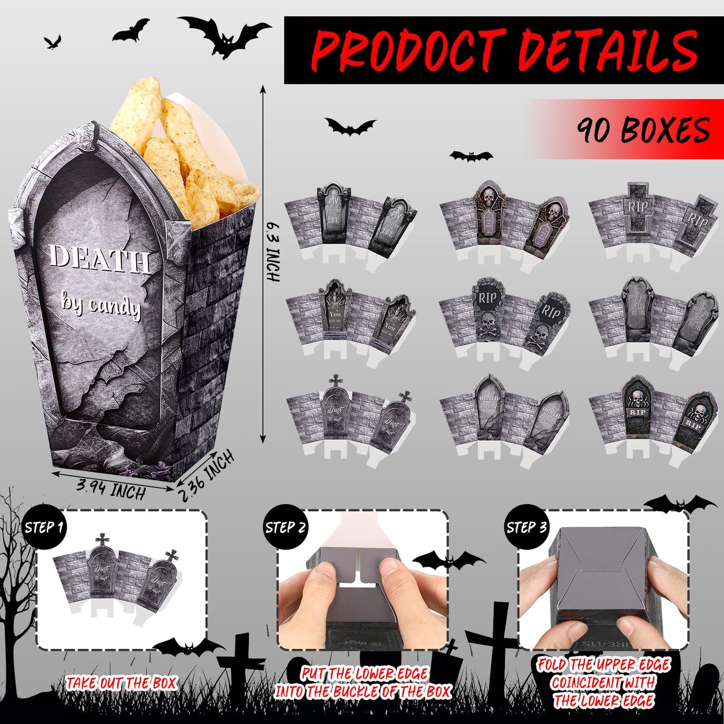 Weekgrat 90 Pcs 9 Styles Halloween Popcorn Boxes Cardboard Popcorn Bags Snack Boxes Spooky Treat Bags for Candy Biscuits Halloween Party Favors(Tombstone)