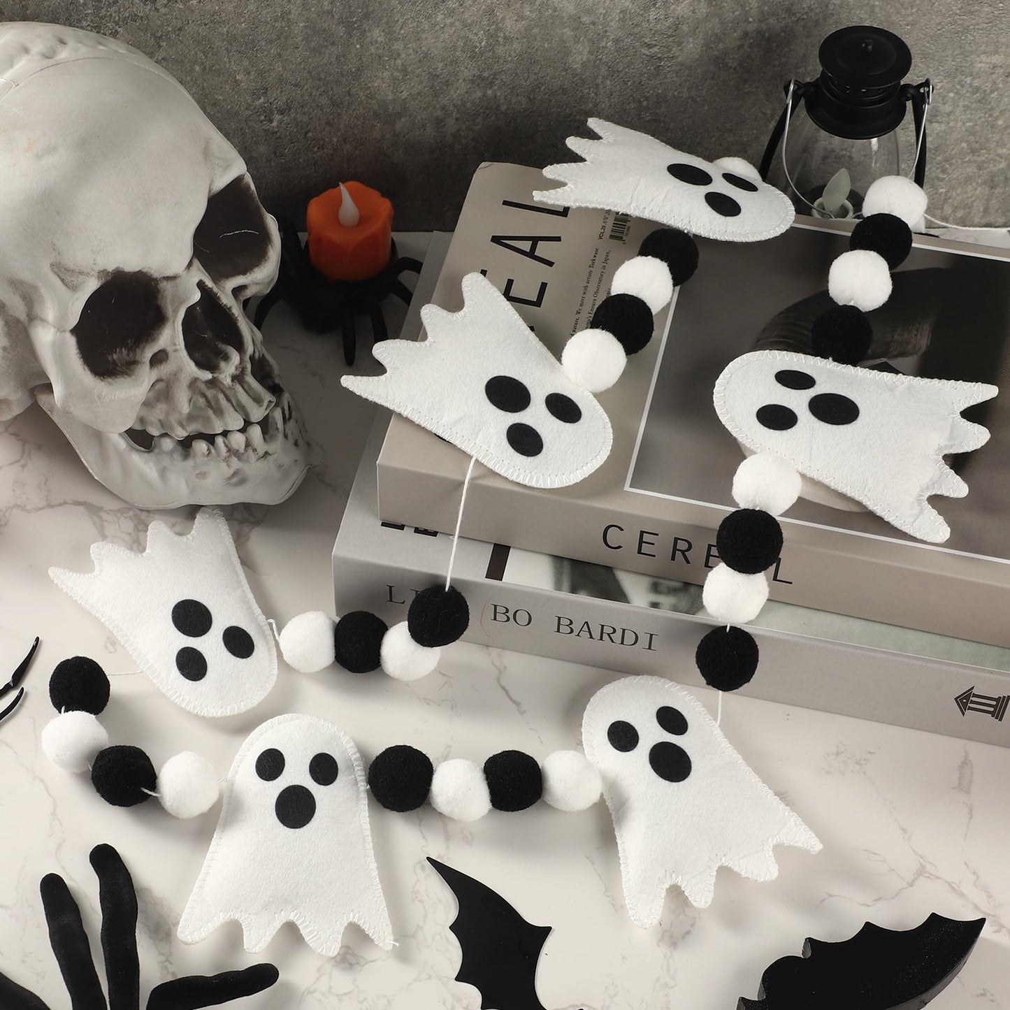 8.2 Ft Halloween Garland Cute Ghost Felt Garland 3D Ghost Hanging Banner White Black Pom Pom Ball Banner Felt Ghosts Hanging Decorations for Halloween Fireplace Mantle Window Home Party Decor