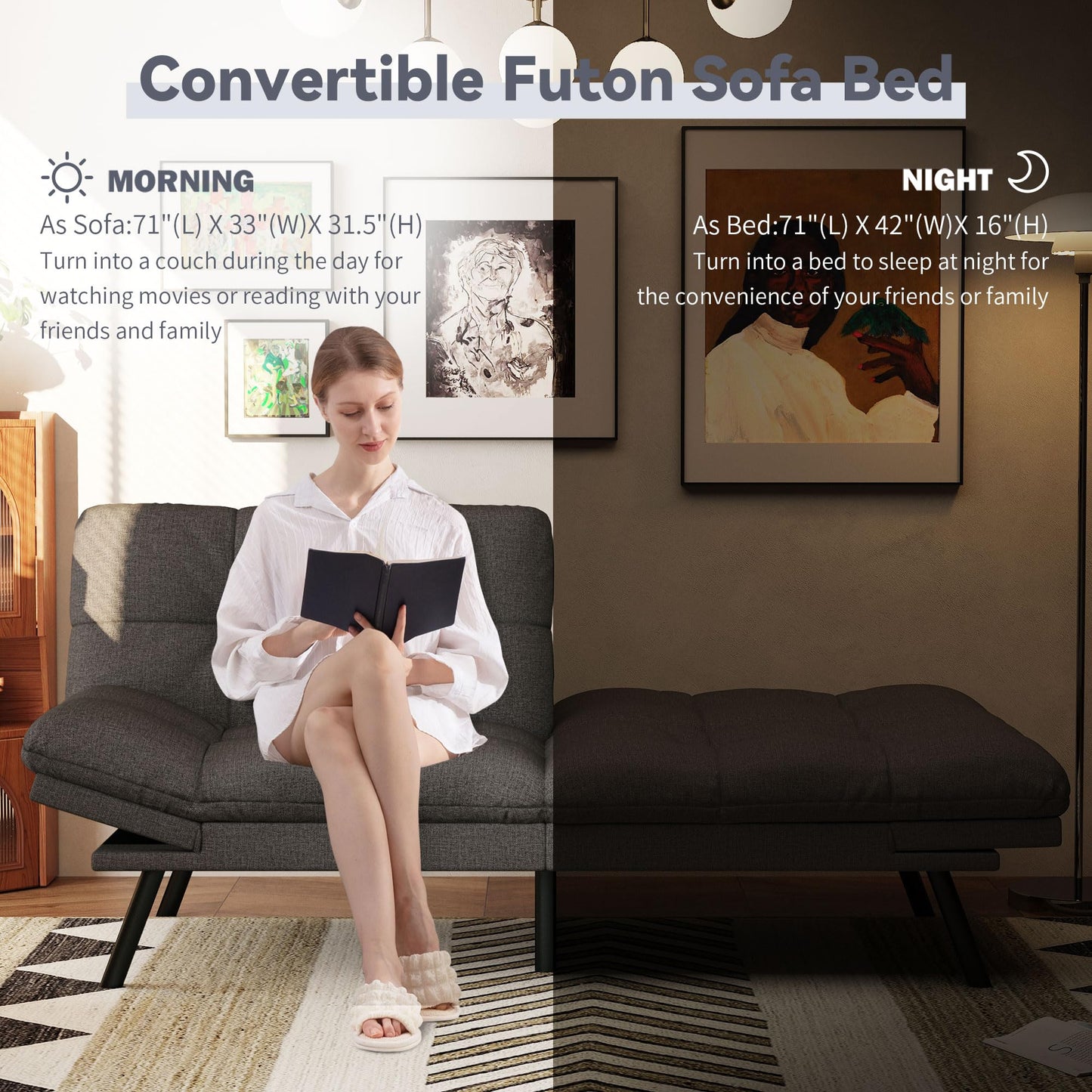Vyfipt Convertible Futon Sofa Bed, 71" Memory Foam Futon Couch with Detachable,Adjustable Backrest,Linen Fabric Folding Small Loveseat Sleeper for for Living Room,RV,Office,Apartment,Dark Grey