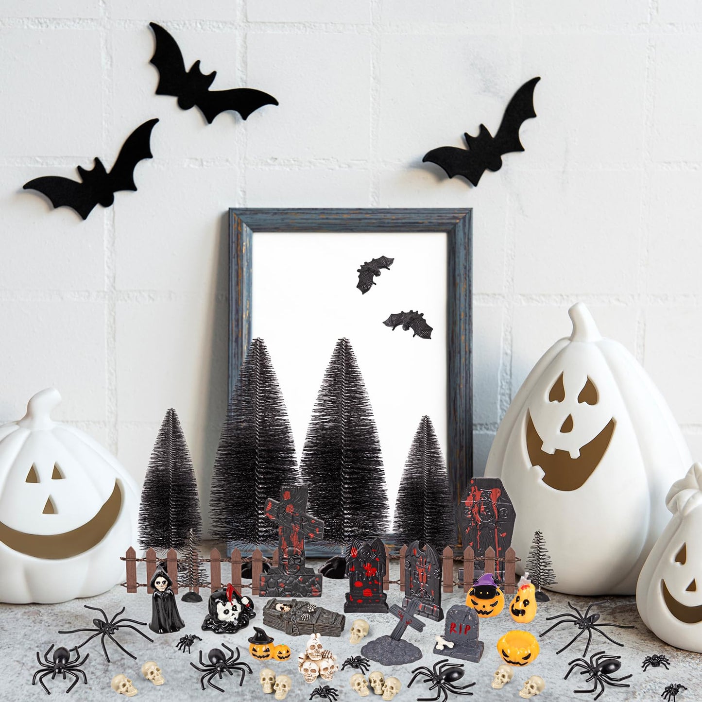 69Pcs Halloween Village Accessories Set Included Skeleton Pumpkin Spider Tree Coffin Skull Tombstone Bat Fence - Miniatures Figurines Decorations for Summerween Hallowmas Party Decor Tabletop