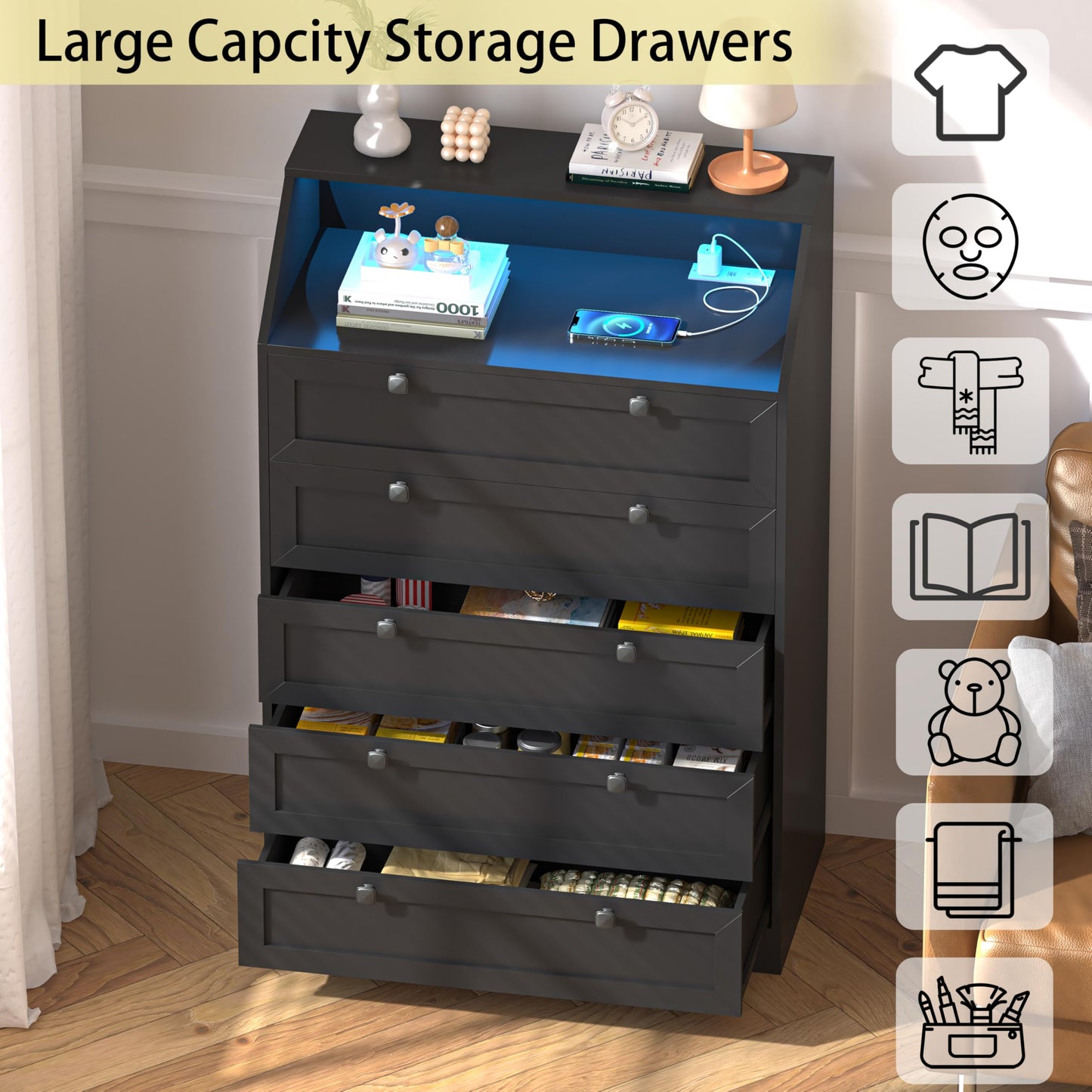 Wodeer Black Dresser Tall 5 Drawer Dresser for Bedroom, Wood Chest of Drawers with LED Lights, Charging Station, Metal Handles, Modern Storage Cabinet and Organizer Drawers for Living Room, Hallway
