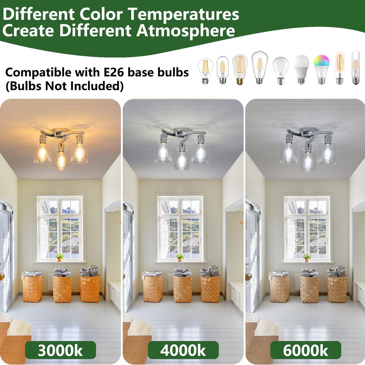 3WWWUEE 3-Light Semi Flush Mount Ceiling Light, Modern Close to Ceiling Light Fixtures with Clear Glass Shades, Chrome Light Fixture for Kitchen, Dining Room, Hallway, Entryway, Foyer
