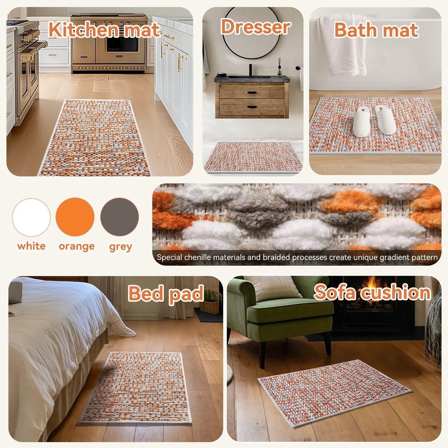 YDKGL Bathroom Rugs Non Slip Washable Bath Rugs Super Absorbent Chenille Bath mats for Bathroom Thin Bath Mats for Bathroom Mat Quick Dry Bath Mat Low Pile Bath Rug,Orange 20x32