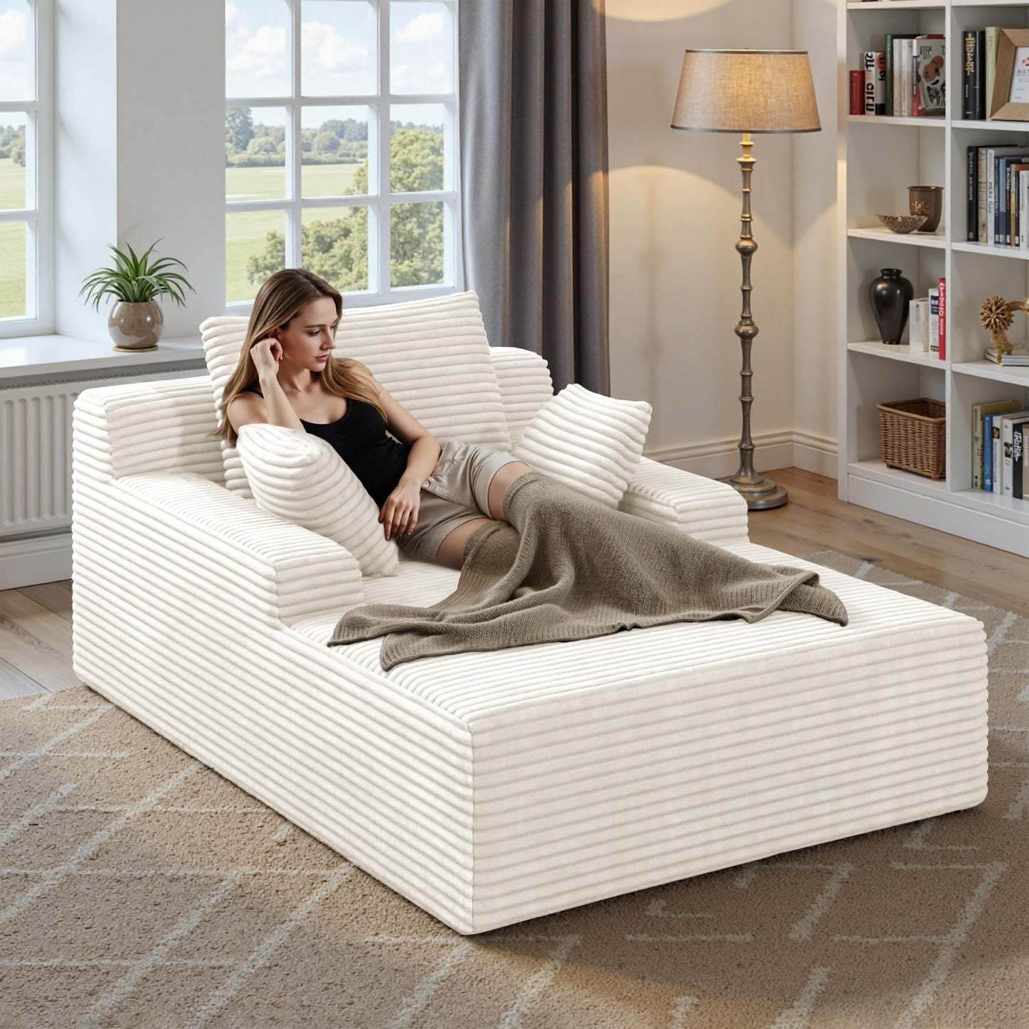 51'' Oversized Chaise Lounge Chair Indoor, Non-Assembly Deep Seat Sofa Bed Corduroy Sleeper Cloud Couch with 2pcs Pillows for Reading Living Room-Beige