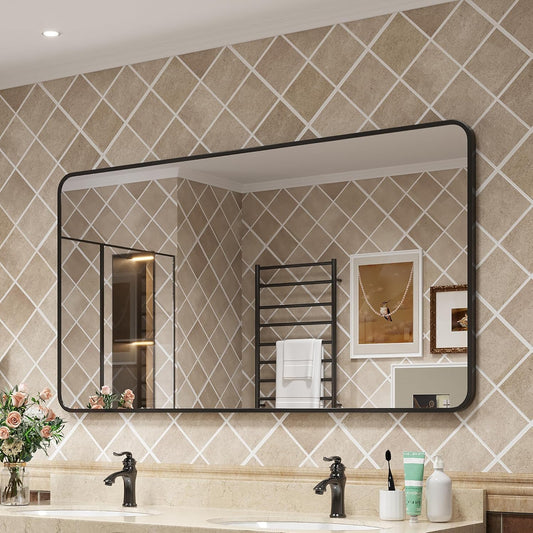 Wanzvisk Black Framed Mirrors for Bathroom,40 x 30 Inch Rounded Conner Rectangle Mirror for Wall, Matte Black Vanity Mirror with Tempered Glass,Anti-Rust,Hangs Horizontally or Vertically