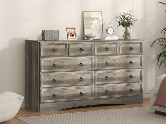 VVFLU 10 Drawer Dresser for Bedroom, Wood 10 Chest of Drawers, Long Dresser Storage for Clothes, Taupe Vintage, for Living Room, Bedroom, Hallway Brownish Grey