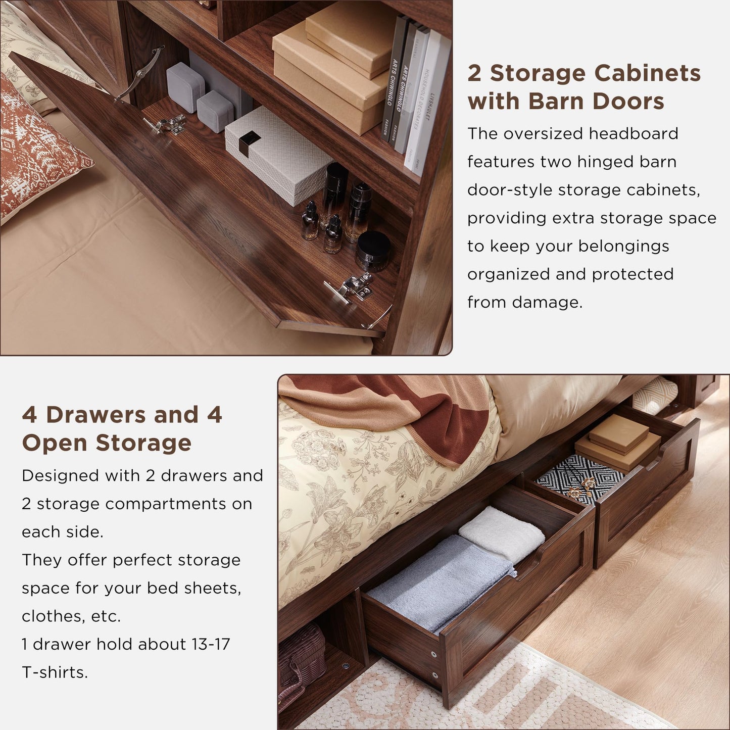 ACCOHOHO Farmhouse Queen Size Wood Bed Frame with 52" Tall Storage Headboard and 4 Drawers,LED Light,Charging Station,Solid Wood Slats Support,Noiseless,No Box Spring Needed,Brown